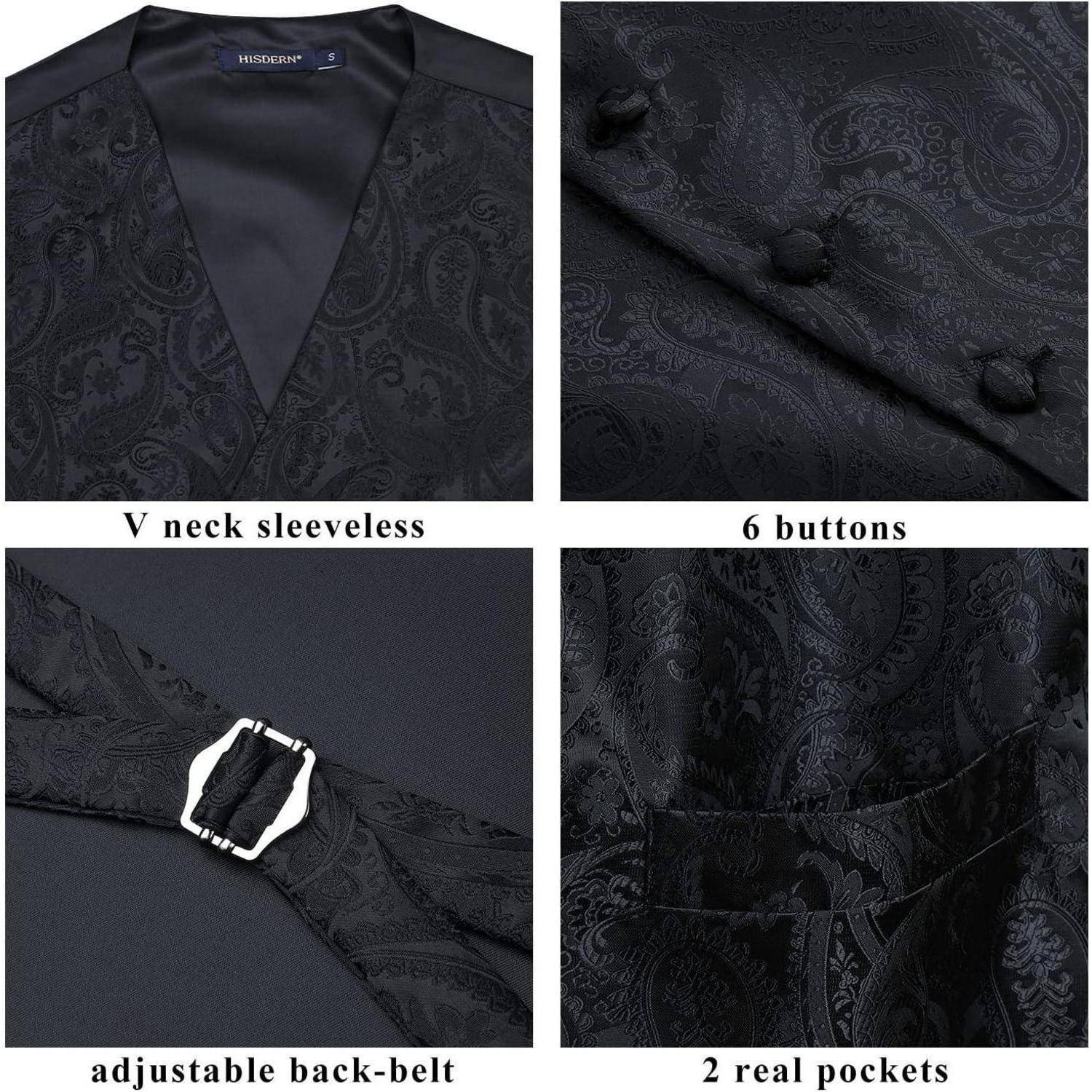 Weste Herren Jacquard Floral Krawatte Einstecktuch 6XL Schwarz