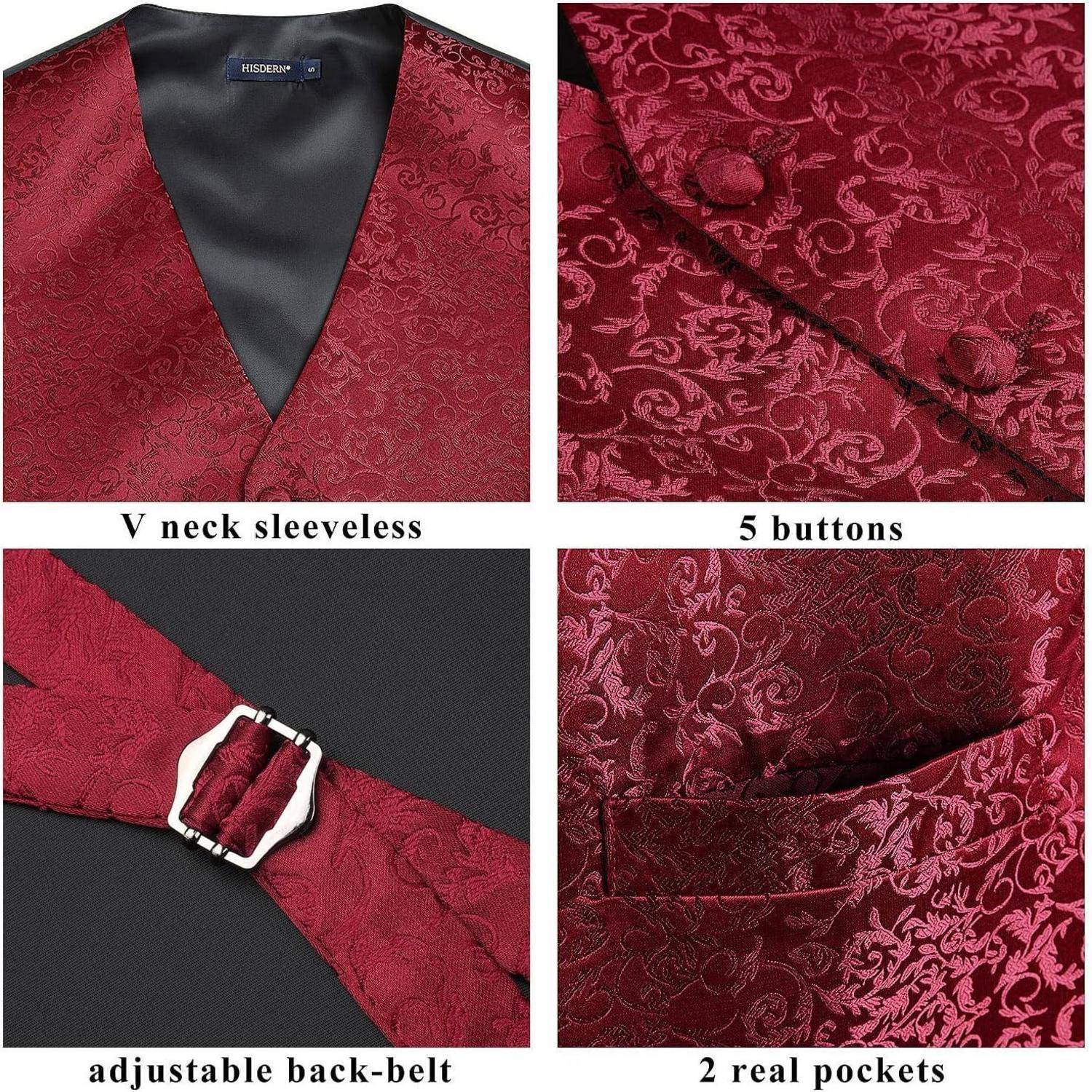 Rote Weste Details: 'V-Ausschnitt ärmellos', '5 Knöpfe', 'verstellbarer Rückengürtel', '2 echte Taschen'.
