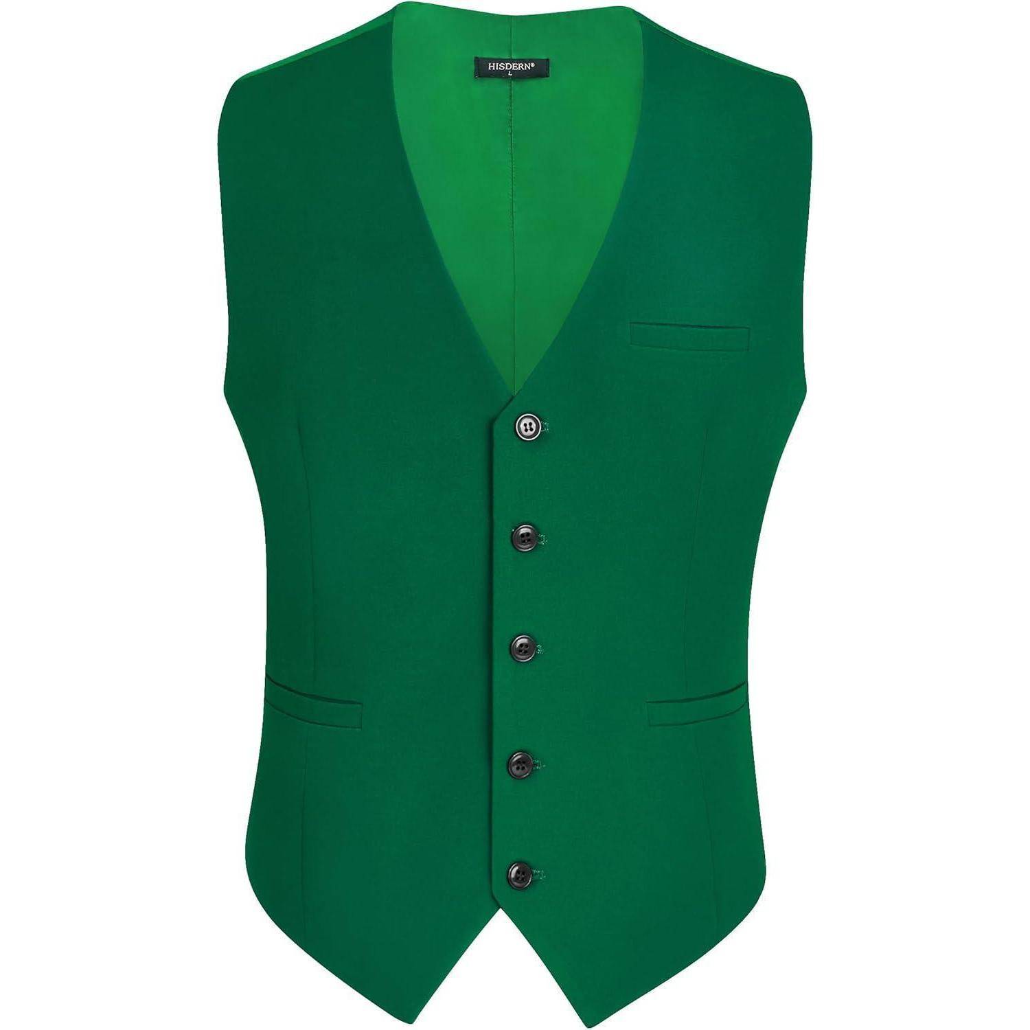 Eine grüne formelle Weste mit Knöpfen vorne, ausgestattet mit zwei Vordertaschen und einer Brusttasche.
