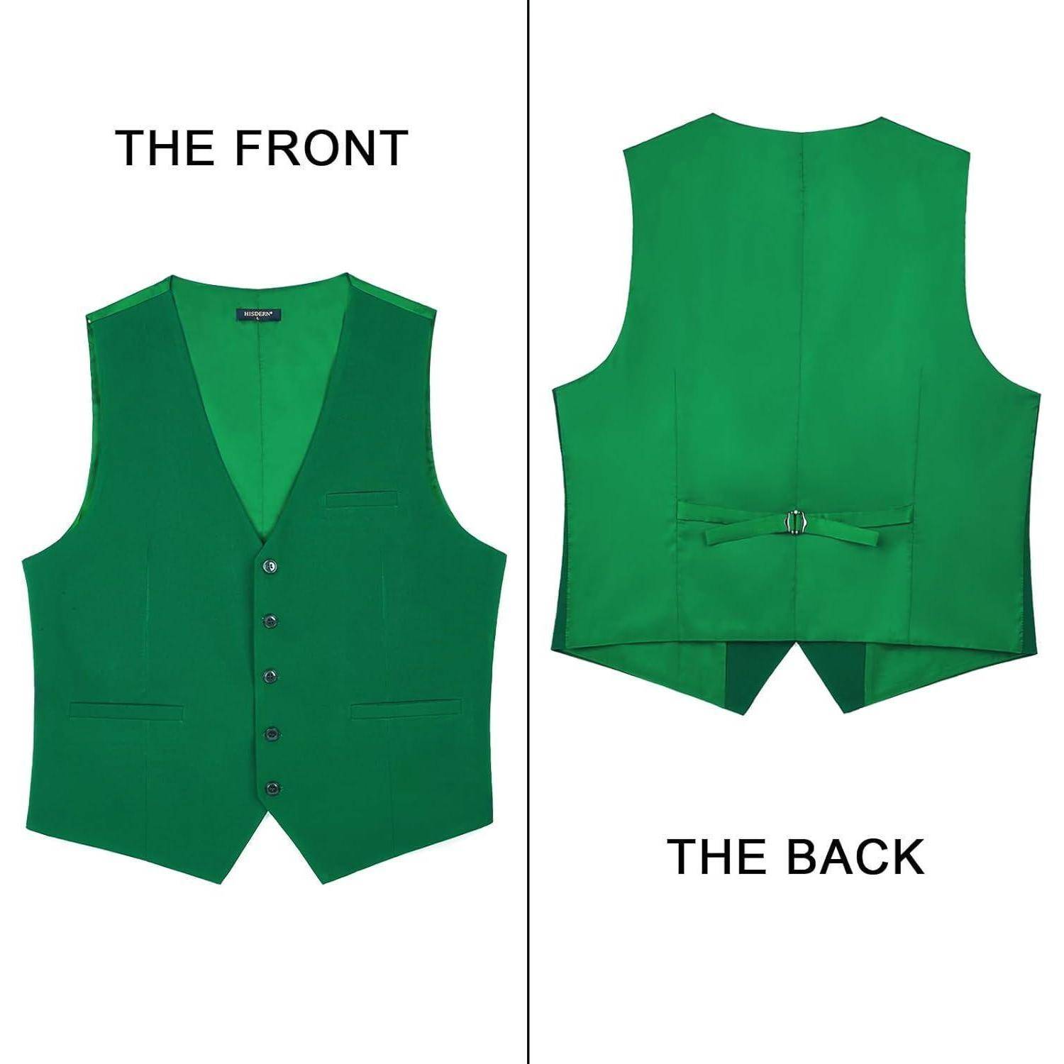 Das Bild zeigt eine grüne Weste von Amazon.com mit Vorder- und Rückansicht. Die Vorderseite verfügt über Knöpfe und Taschen, während die Rückseite einen verstellbaren Gurt aufweist.
