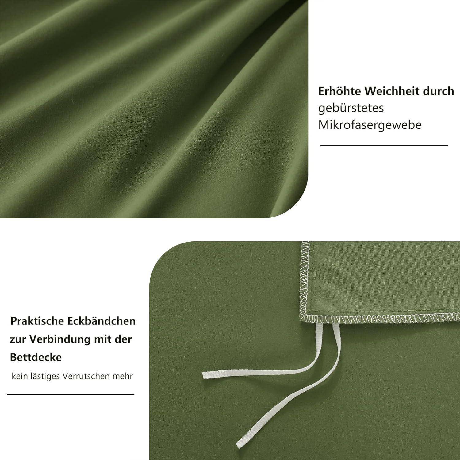 Nahaufnahme von grünem Stoff zeigt seine feine Textur; Text beschreibt die erhöhte Weichheit durch Mikrofaser und praktische Befestigungsecken zum Sichern der Bettwäsche.