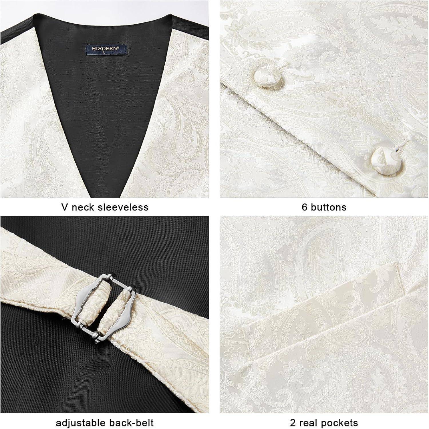 Eine cremefarben Paisley-Weste mit V-Ausschnitt, sechs Knöpfen, verstellbarem Rückengürtel und zwei echten Taschen, die Details in Nahaufnahme betont.