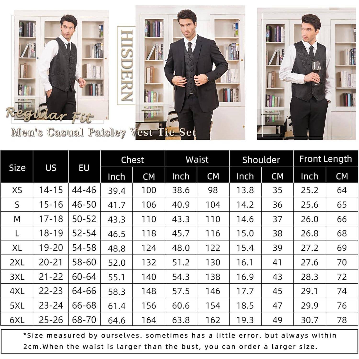 Größentabelle 'Regular Fit Herren Casual Paisley Weste Krawattenset' Größen XS bis 6XL mit Brust-, Taille-, Schulter- und Vorderlängenangaben in Zoll und Zentimetern.