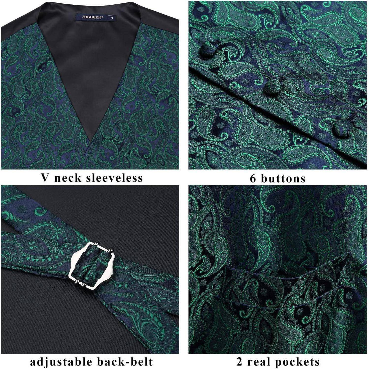 Eine stilvolle Weste mit grünem Paisley-Muster, V-Ausschnitt, 6 Knöpfen, verstellbarem Rückengürtel und 2 echten Taschen.