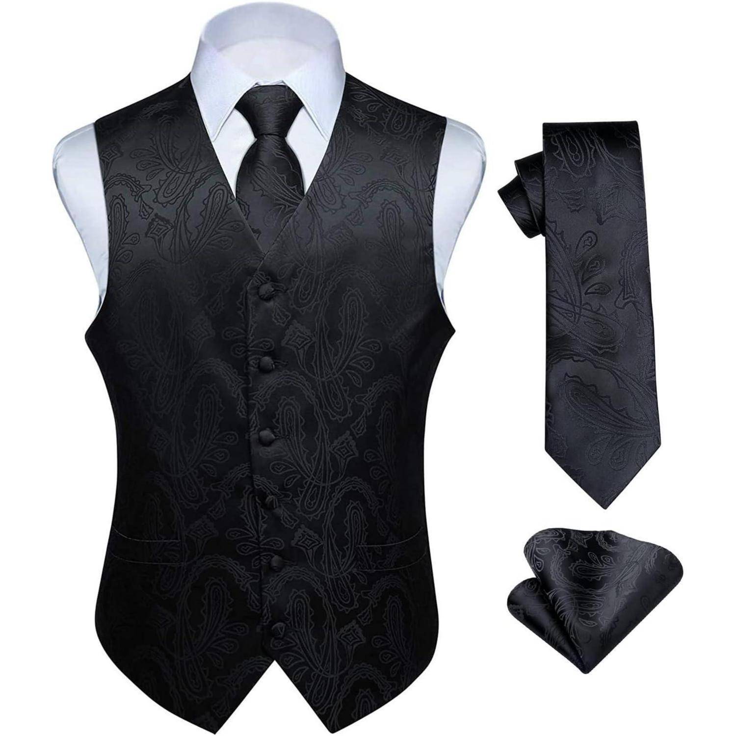 Weste Herren Hochzeit Jacquard Krawatte Einstecktuch Set 4XL Schwarz-3