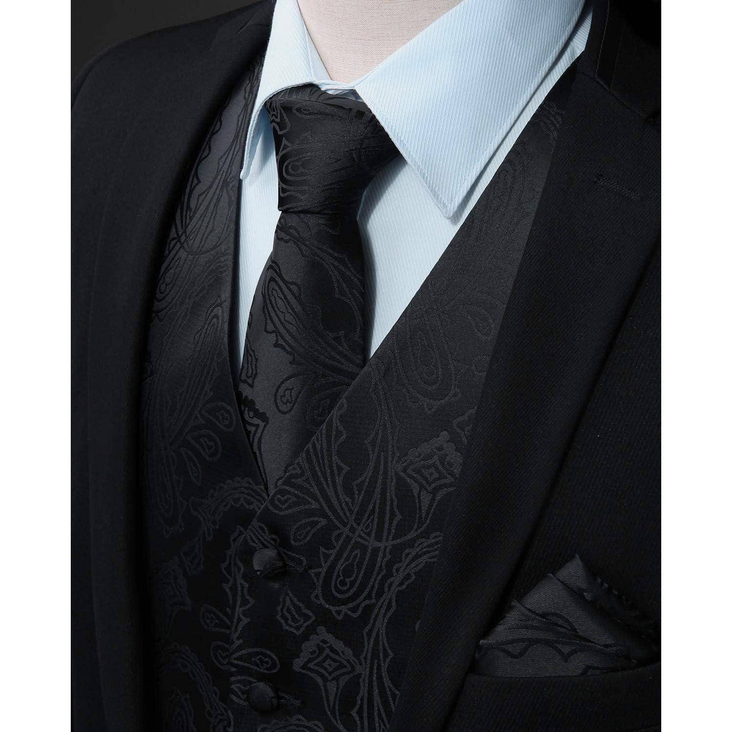 Weste Herren Hochzeit Jacquard Krawatte Einstecktuch Set 4XL Schwarz-3
