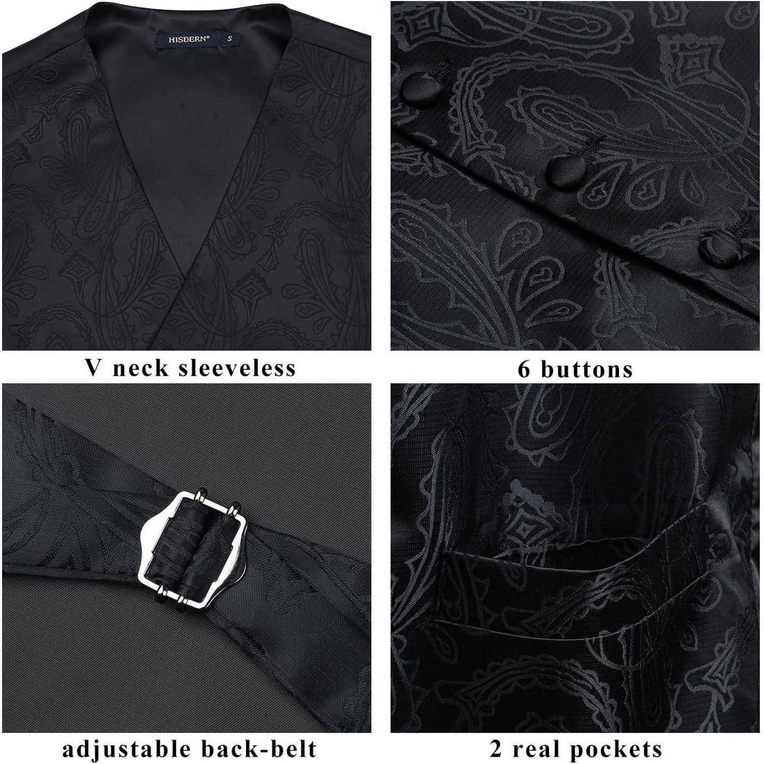 Weste Herren Hochzeit Jacquard Krawatte Einstecktuch Set 4XL Schwarz-3