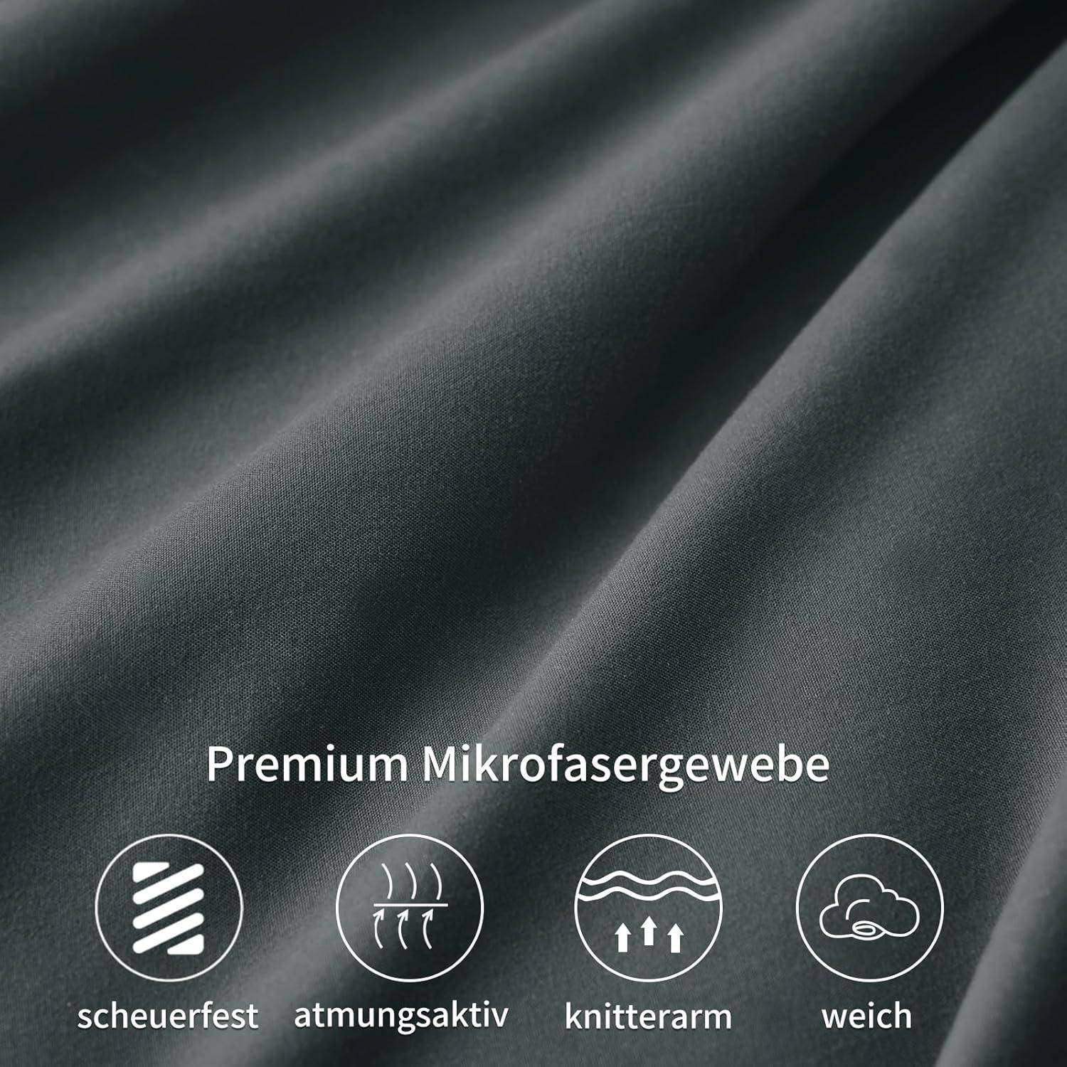 Dunkelgrau Mikrofasergewebe mit Text 'Premium Mikrofasergewebe', Symbole und Etiketten, die Eigenschaften anzeigen: strapazierfähig, atmungsaktiv, knitterfrei, weich.