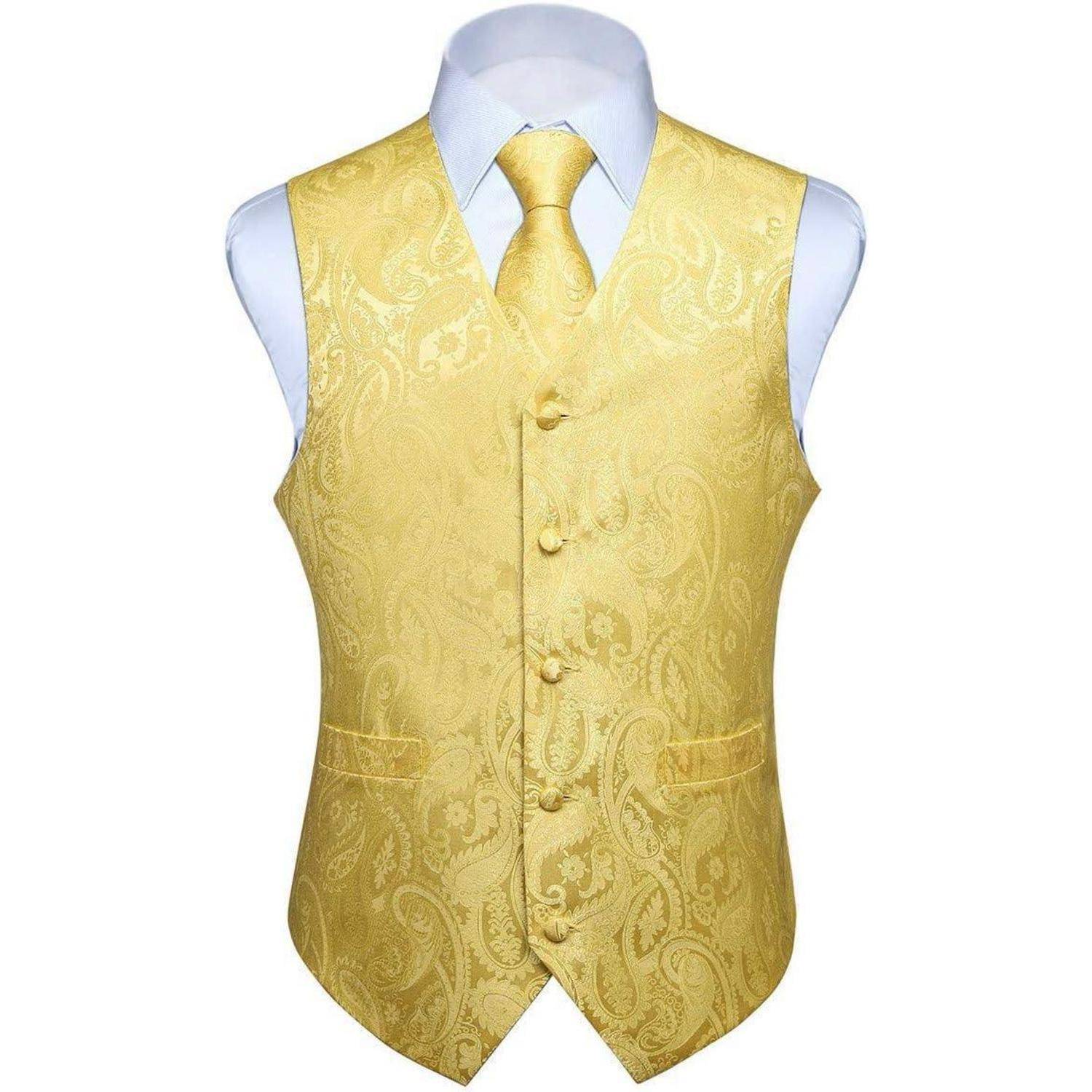 Weste Herren Hochzeit Krawatte Einstecktuch Jacquard M Gold Hellgelb