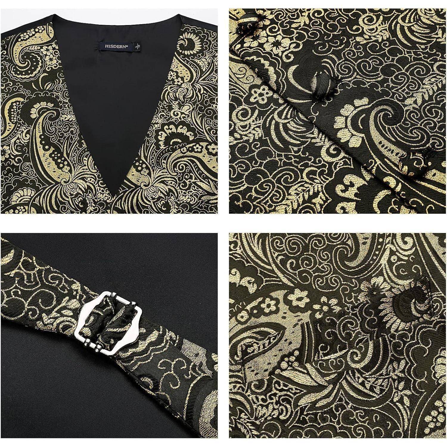 Gold und schwarz gemusterter Paisley-Stoff mit tiefem V-Ausschnitt, Schnallendetail und kunstvollen Blumenelementen.