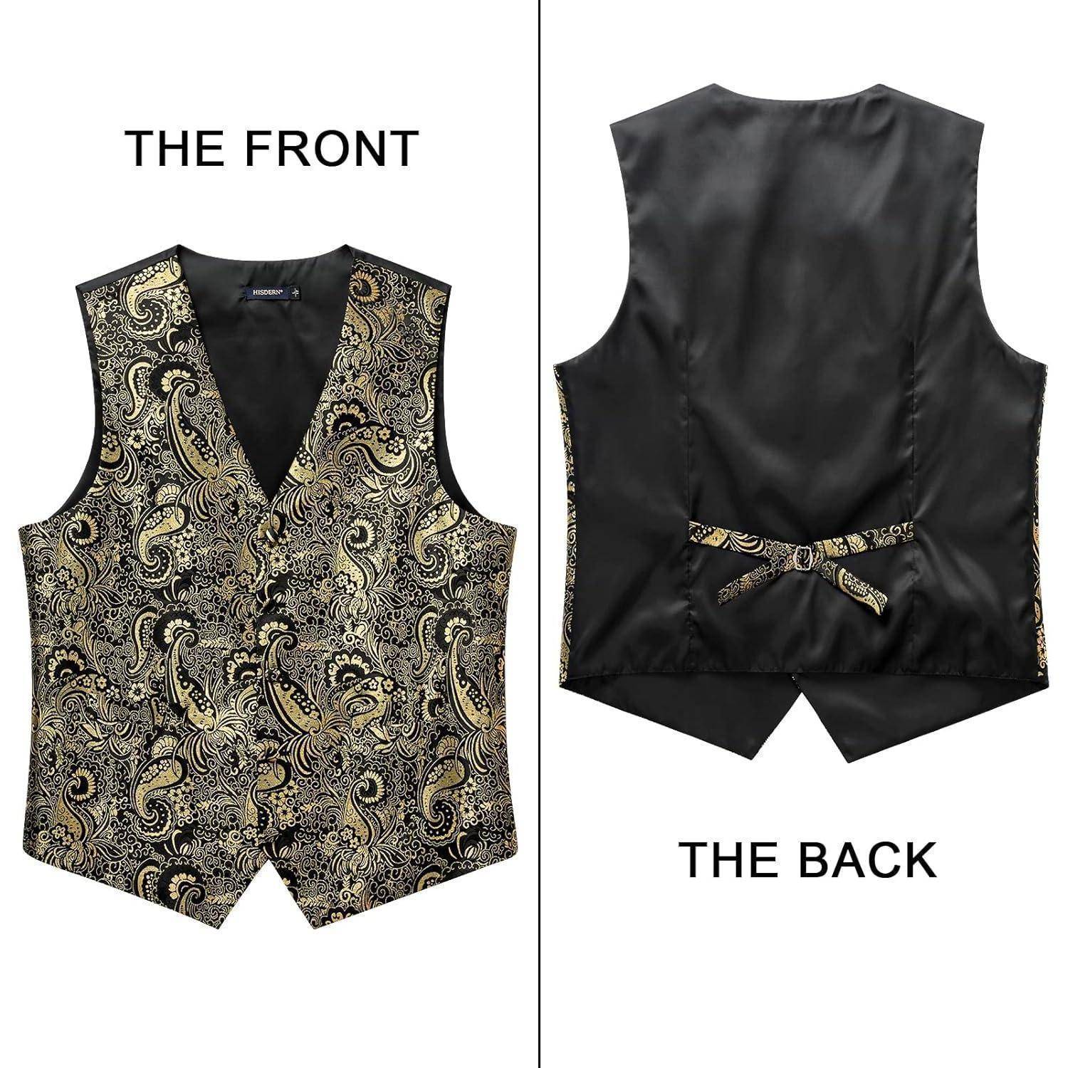 Eine Gold- und schwarze Paisley-Weste, von vorne und hinten gezeigt. Die Vorderseite hat ein dekoratives Muster; die Rückseite ist glatt mit einem verstellbaren Riemen.