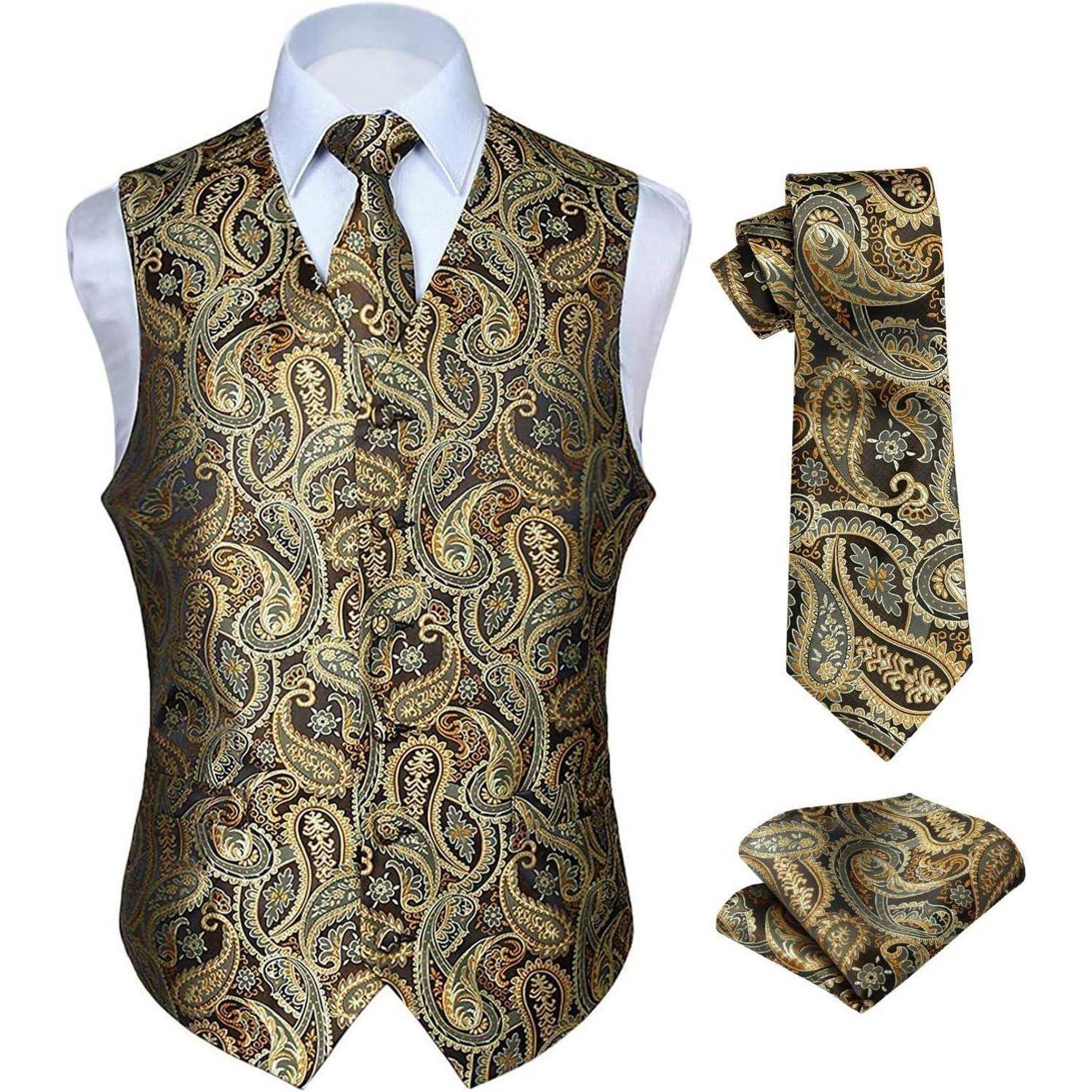 Weste Herren Hochzeit Krawatte Einstecktuch Anzugset XL Gold