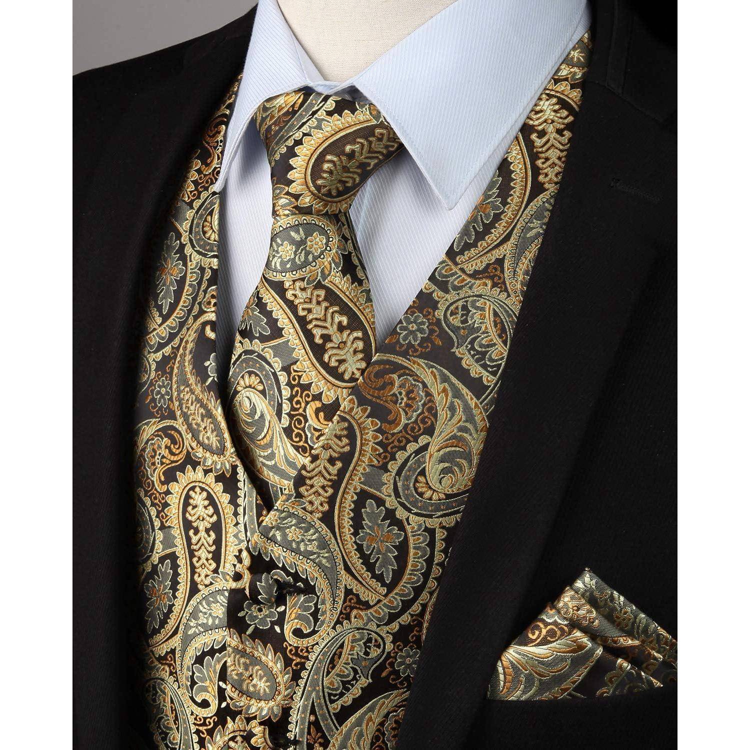 Weste Herren Hochzeit Krawatte Einstecktuch Anzugset XL Gold