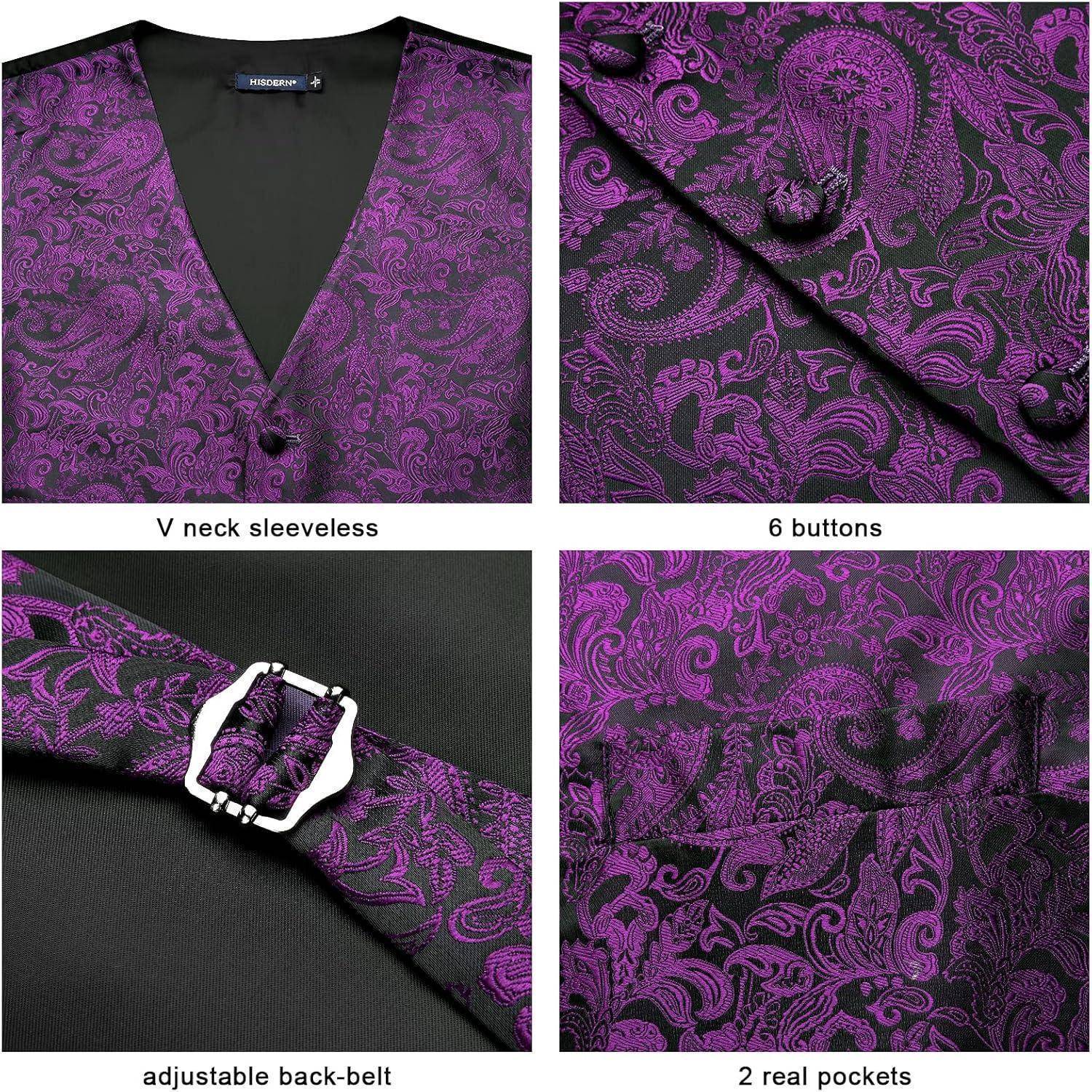 Eine lila Paisley-gemusterte Weste mit V-Ausschnitt, sechs Knöpfen, verstellbarem Rückengürtel und zwei echten Taschen, auf einem schwarzen Hintergrund ausgelegt.