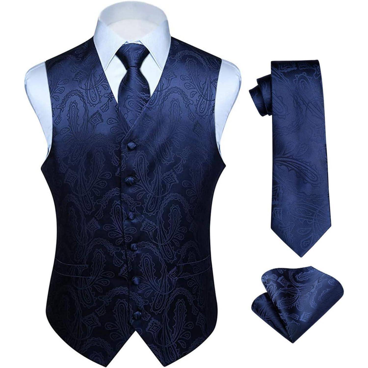 Weste Herren Jacquard Hochzeit Krawatte Einstecktuch XS Navy Blau