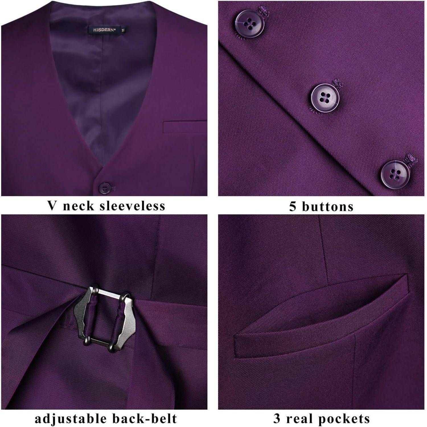 Eine violette V-Ausschnitt-Weste ohne Ärmel mit fünf Knöpfen, drei echten Taschen und einem verstellbaren Rückengürtel wird in vier detaillierten Abschnitten dargestellt.