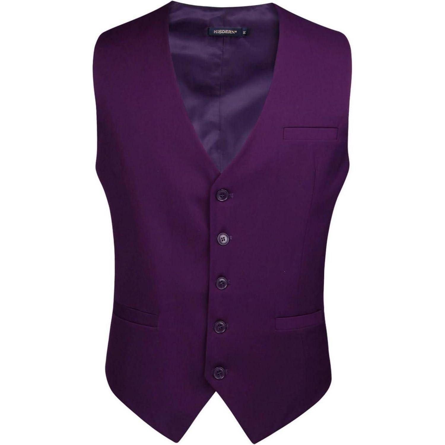 Eine tiefviolette Weste mit V-Ausschnitt und fünf Knöpfen, ausgestattet mit zwei Fronttaschen und einem eleganten Schnitt, der für formelle Anlässe geeignet ist.