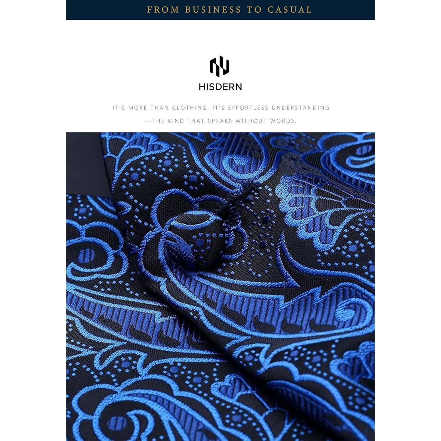 Eine Nahaufnahme eines blauen Paisley-gemusterten Stoffes von HISDERN mit dem Text ‚Von Business bis Casual' und ‚Es ist mehr als Kleidung, es ist mühelos verständnisvoll – die Art, die ohne Worte spricht.
