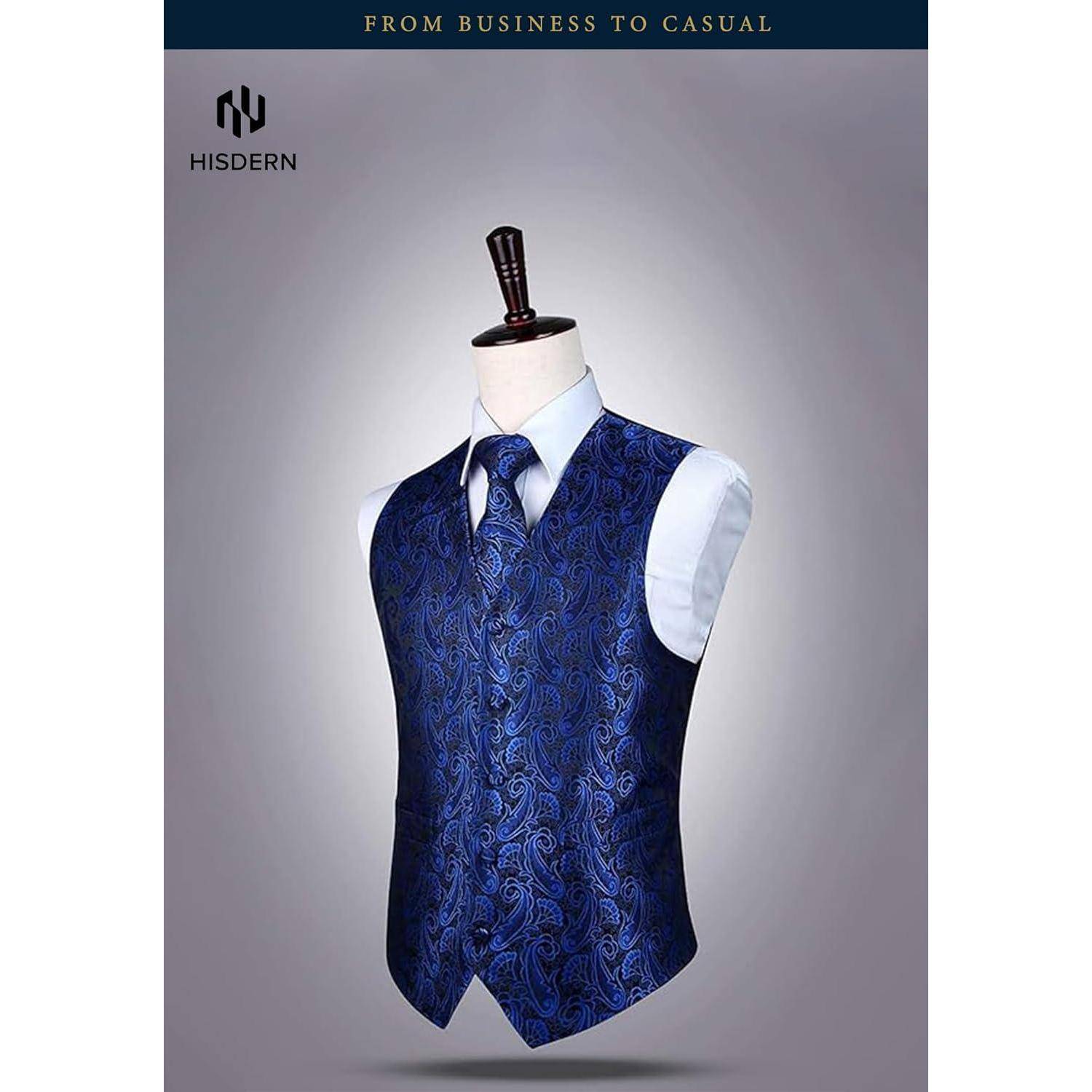 Eine blaue Paisley-Weste kombiniert mit einer passenden Krawatte, präsentiert auf einer Schaufensterpuppe und einen Übergang vom Business- zum Casual-Stil veranschaulichend.