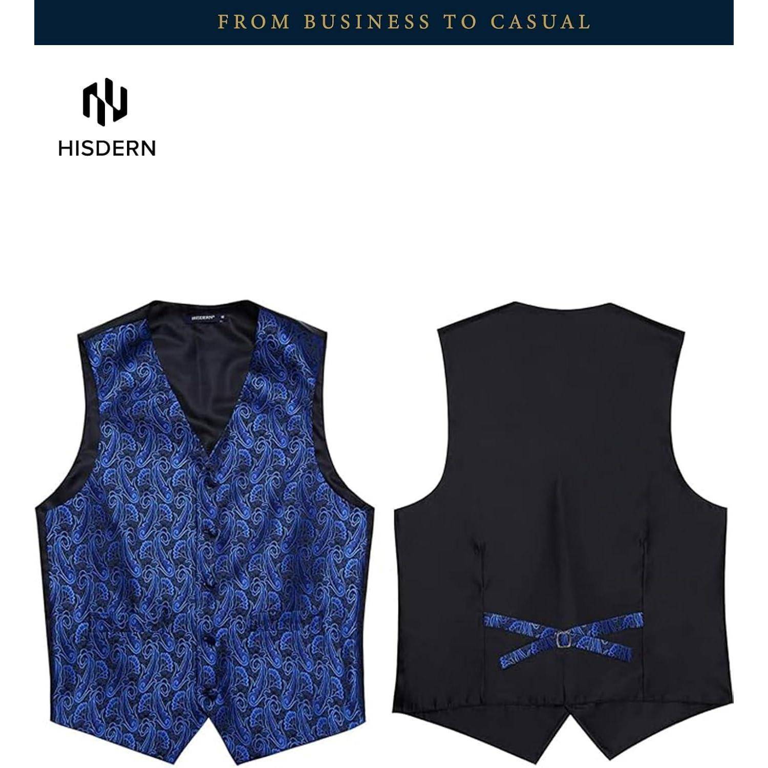 Blauer Paisley-Weste mit schwarzem Rücken, Vorder- und Rückansicht. Text oben: 