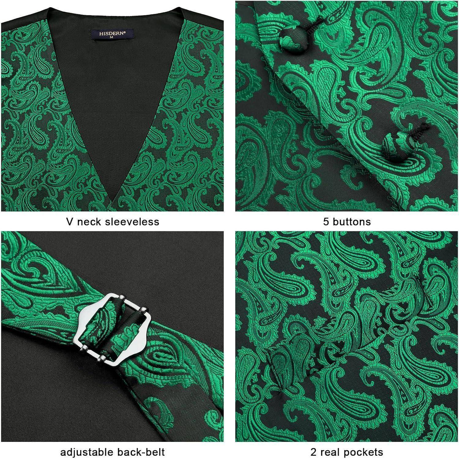Grüne Paisley-Weste mit V-Ausschnitt, ärmelloses Design. Ausgestattet mit 5 Knöpfen, verstellbarem Rückengürtel und 2 echten Taschen.