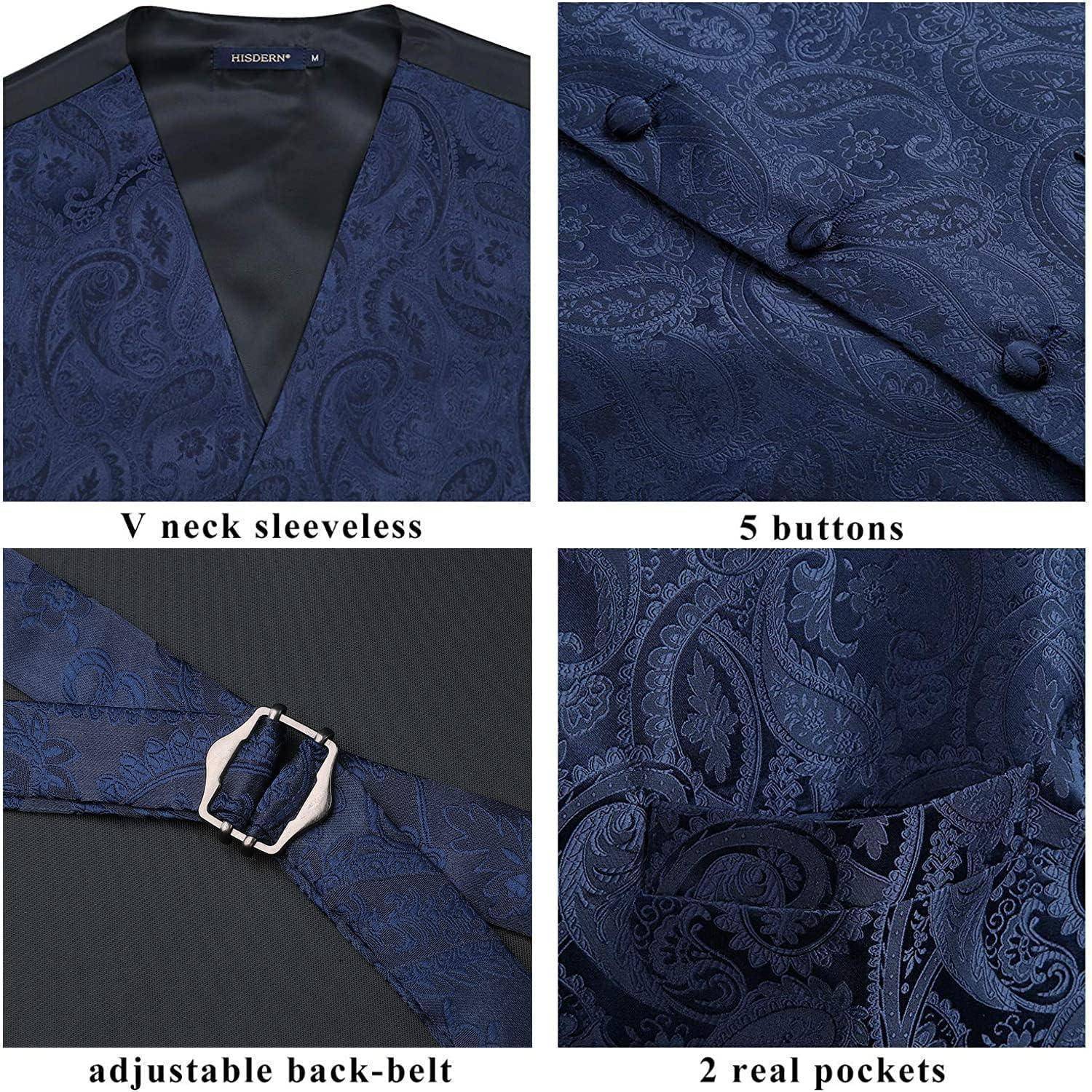 Dunkelblaue Paisley-Weste mit V-Ausschnitt und ärmelloser Schnittform, ausgestattet mit 5 Knöpfen, 2 echten Taschen und einem verstellbaren Rückengürtel.