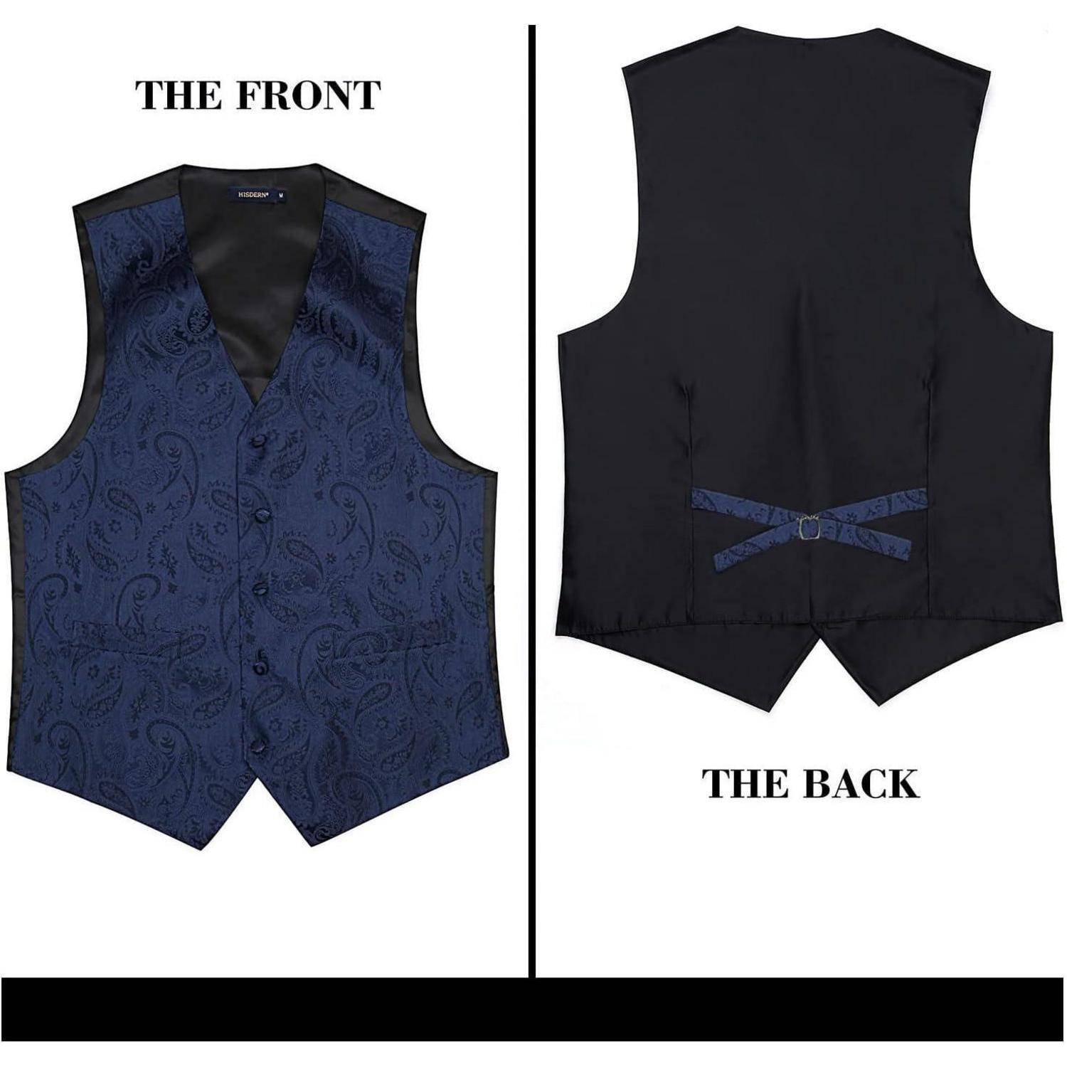 Vorder- und Rückansicht einer blauen Paisley-Weste mit schwarzem Rückenpanel und verstellbarem Riemen, die Design- und Passmerkmale hervorhebt.
