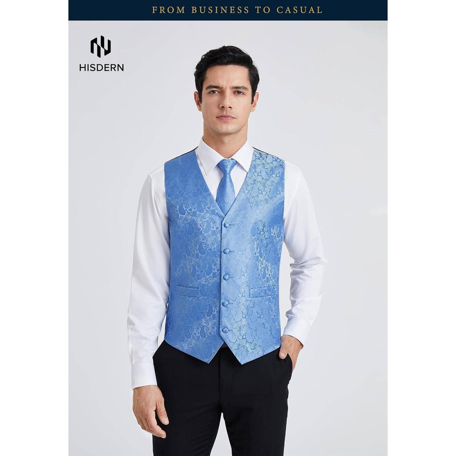 Ein Mann in einer blauen Blumenmusterweste, weißem Hemd und blauer Krawatte posiert vor einem schlichten Hintergrund. Der Text darüber lautet „Von Business bis Casual