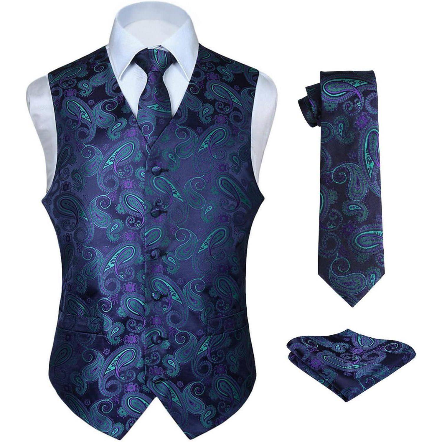 Weste Herren Hochzeit Krawatte Einstecktuch Jacquard XXL Lila & Grün
