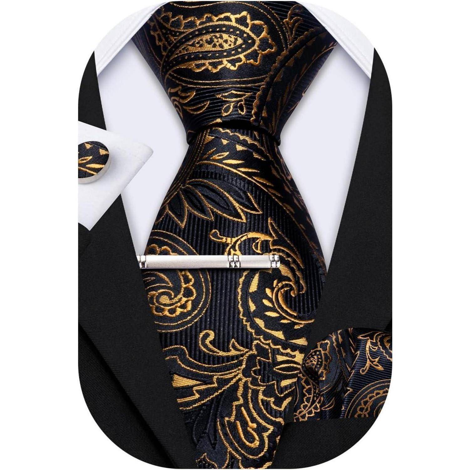 Krawatte Herren Seide Set Paisley Einstecktuch Hochzeit Schwarz gold