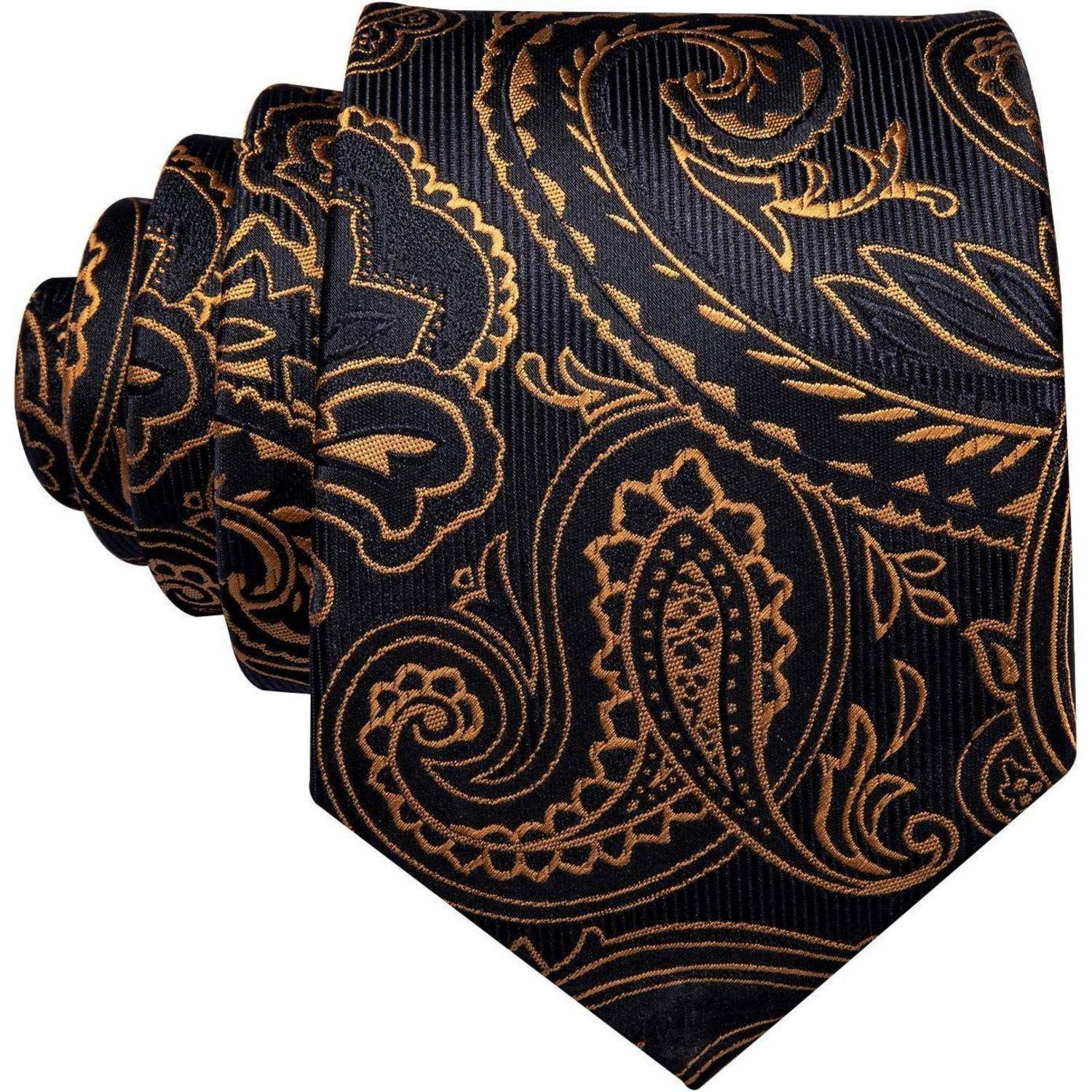 Krawatte Herren Seide Set Paisley Einstecktuch Hochzeit Schwarz gold