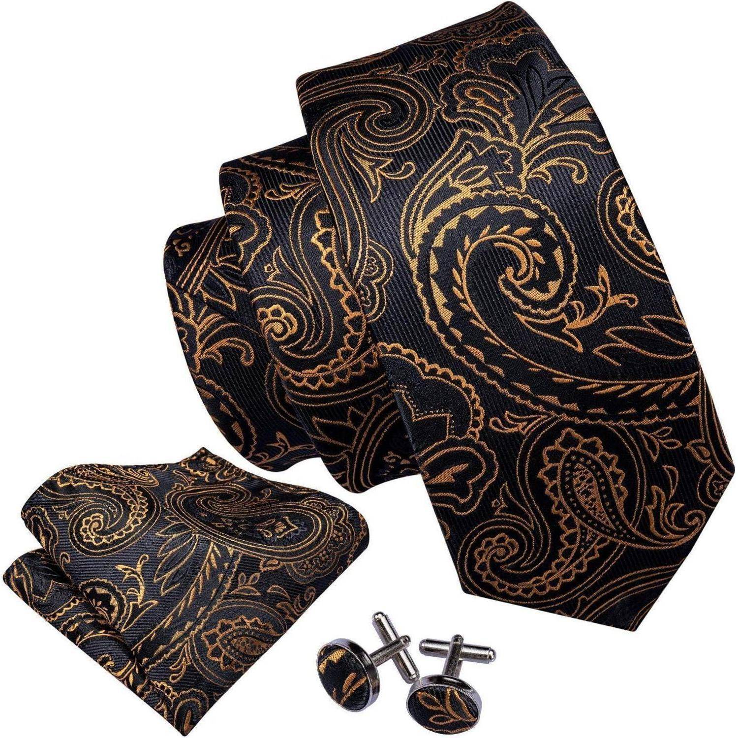 Krawatte Herren Seide Set Paisley Einstecktuch Hochzeit Schwarz gold