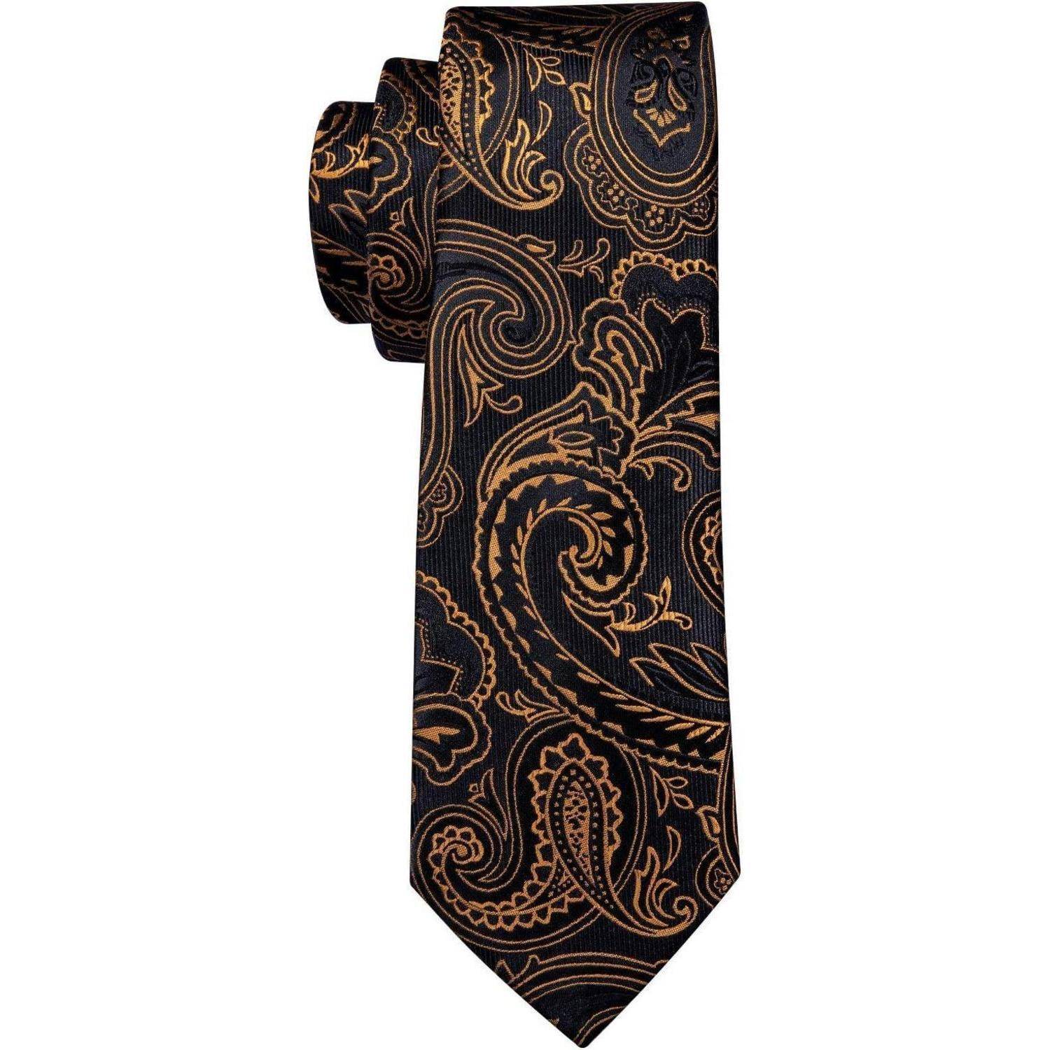 Krawatte Herren Seide Set Paisley Einstecktuch Hochzeit Schwarz gold