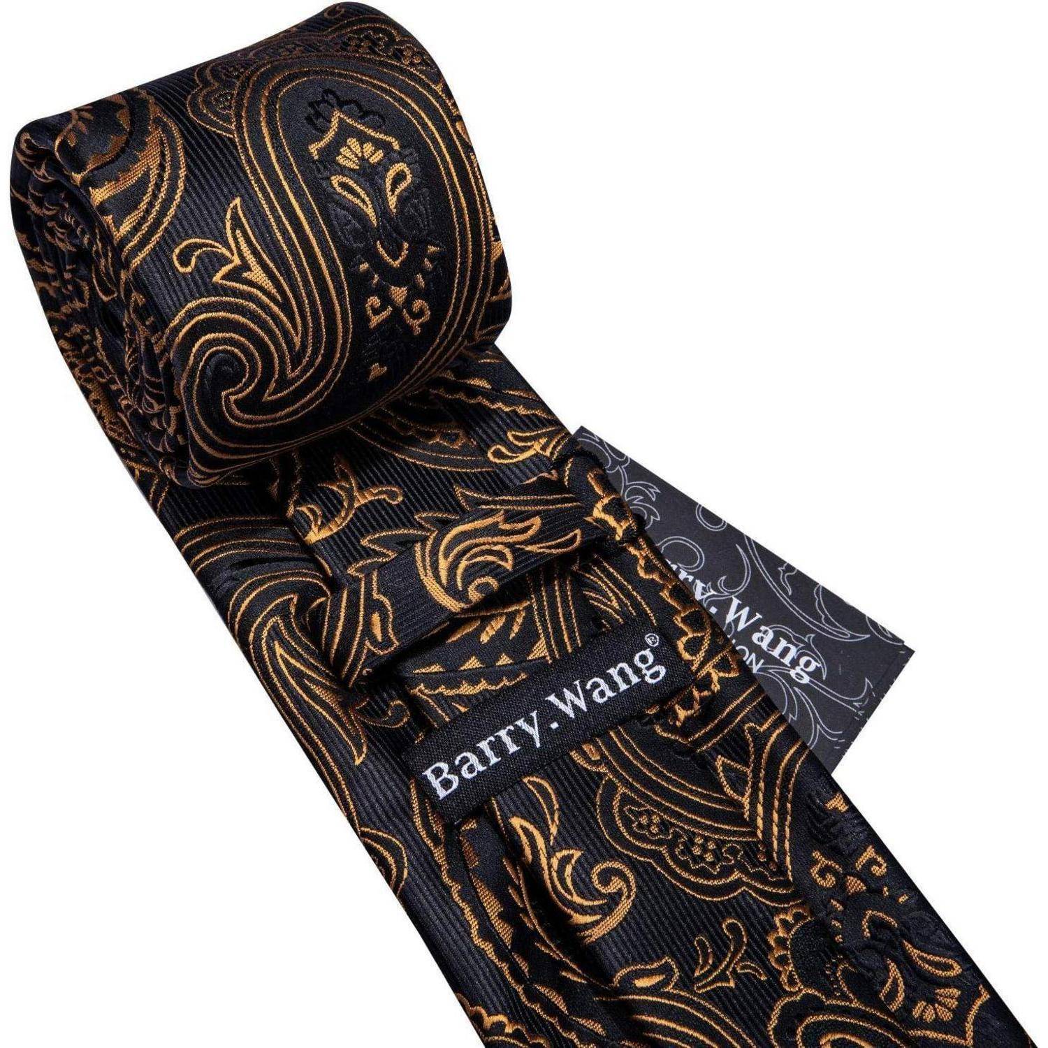 Krawatte Herren Seide Set Paisley Einstecktuch Hochzeit Schwarz gold