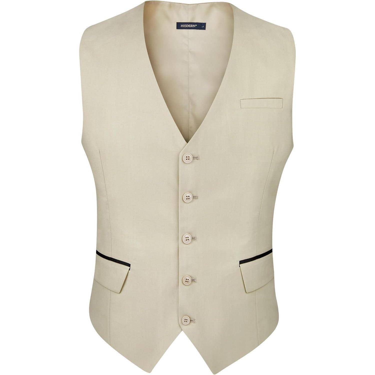 Eine beige Herrenweste mit fünf Knöpfen, zwei vorderen Unterseittaschen mit schwarzer Einfassung und einer kleinen Brusttasche.