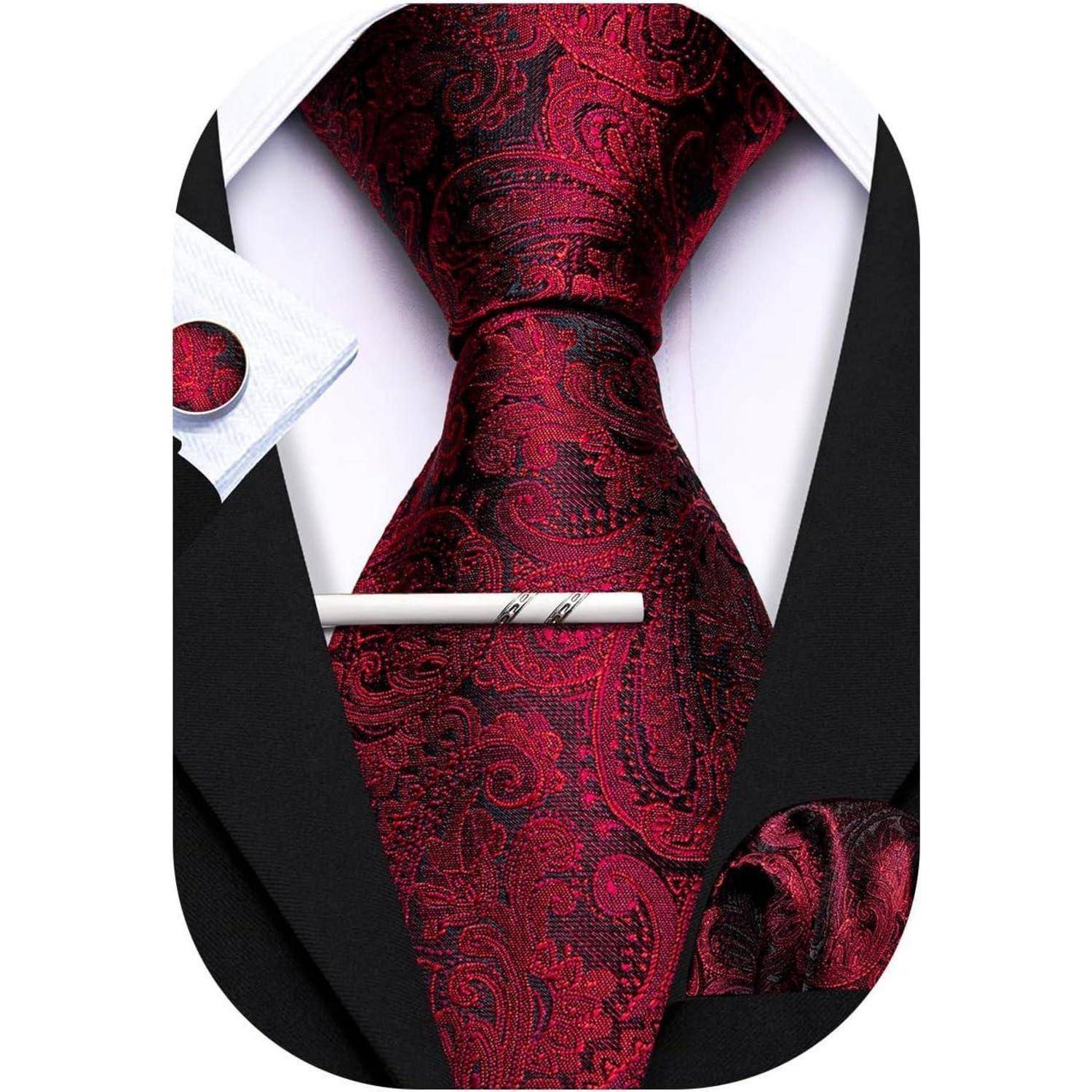 Krawatte Herren Seide Paisley Set Manschettenknöpfe Rotes Paisley