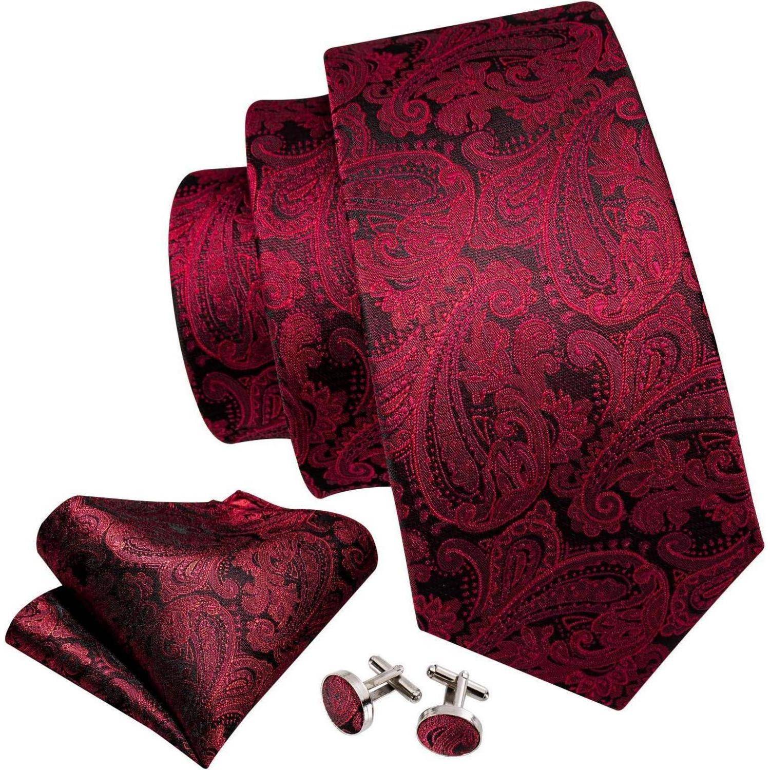 Krawatte Herren Seide Paisley Set Manschettenknöpfe Rotes Paisley