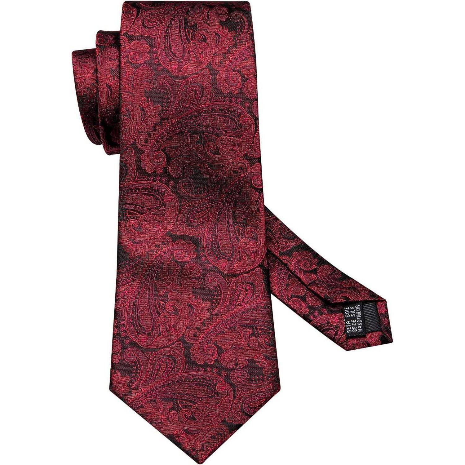 Krawatte Herren Seide Paisley Set Manschettenknöpfe Rotes Paisley