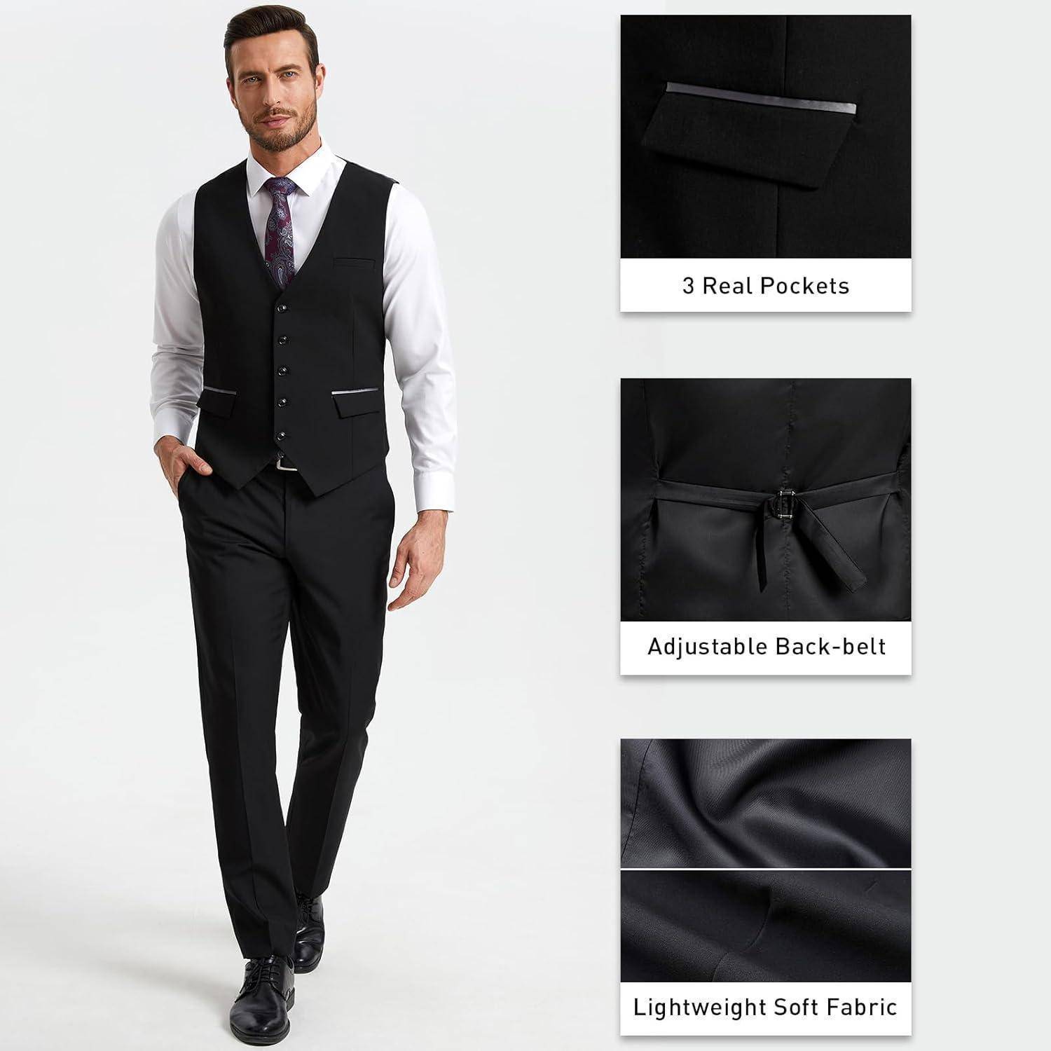 Ein Mann trägt eine schwarze Weste und Hose mit Details, die zeigen: ‚3 echte Taschen', ‚verstellbarer Rückengürtel' und ‚leichter, weicher Stoff'.