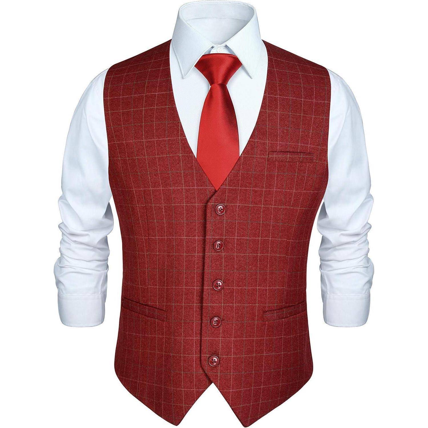 Weste Herren Baumwolle Plaid Anzug Kleid Hochzeitsfeier Burgund XXL