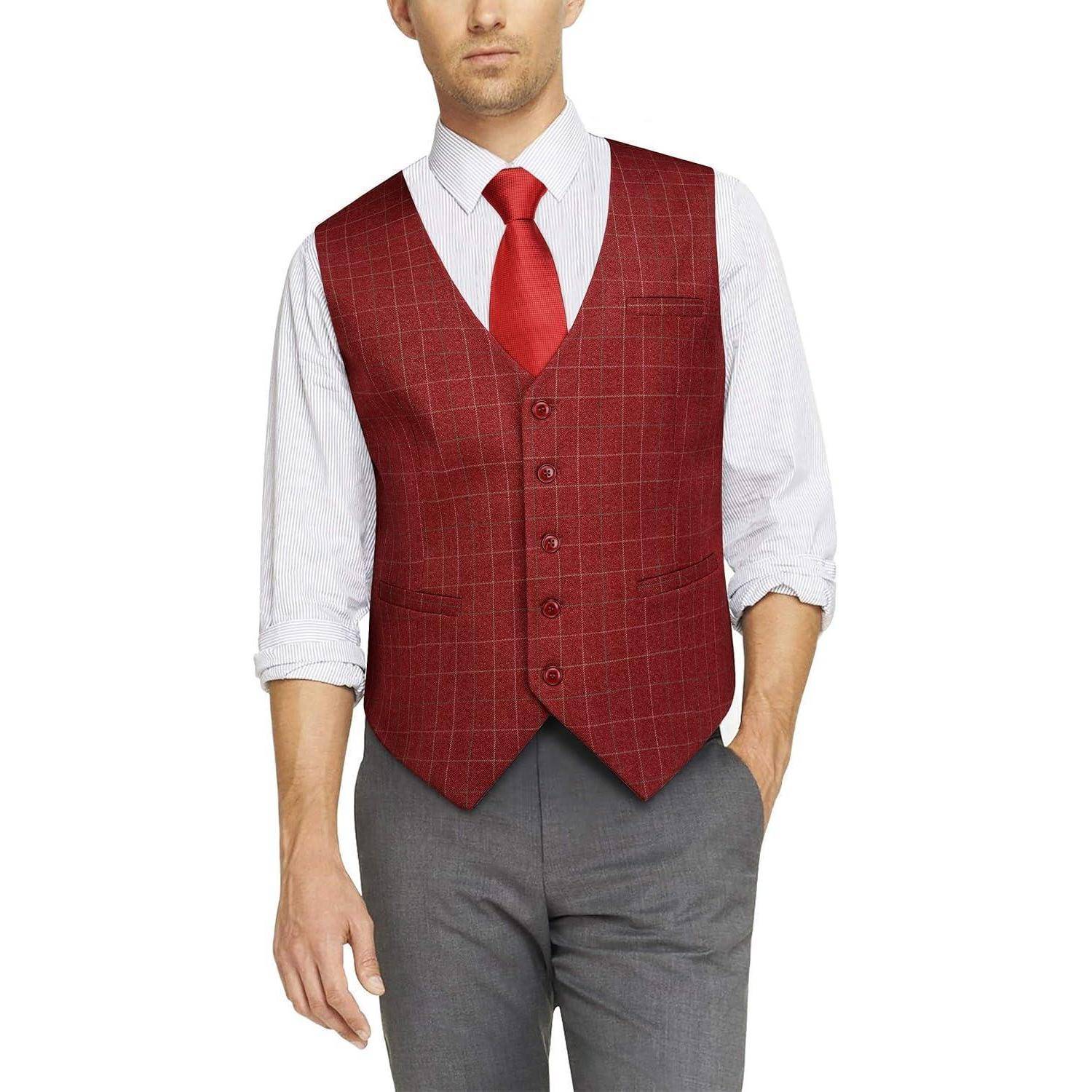 Weste Herren Baumwolle Plaid Anzug Kleid Hochzeitsfeier Burgund XXL