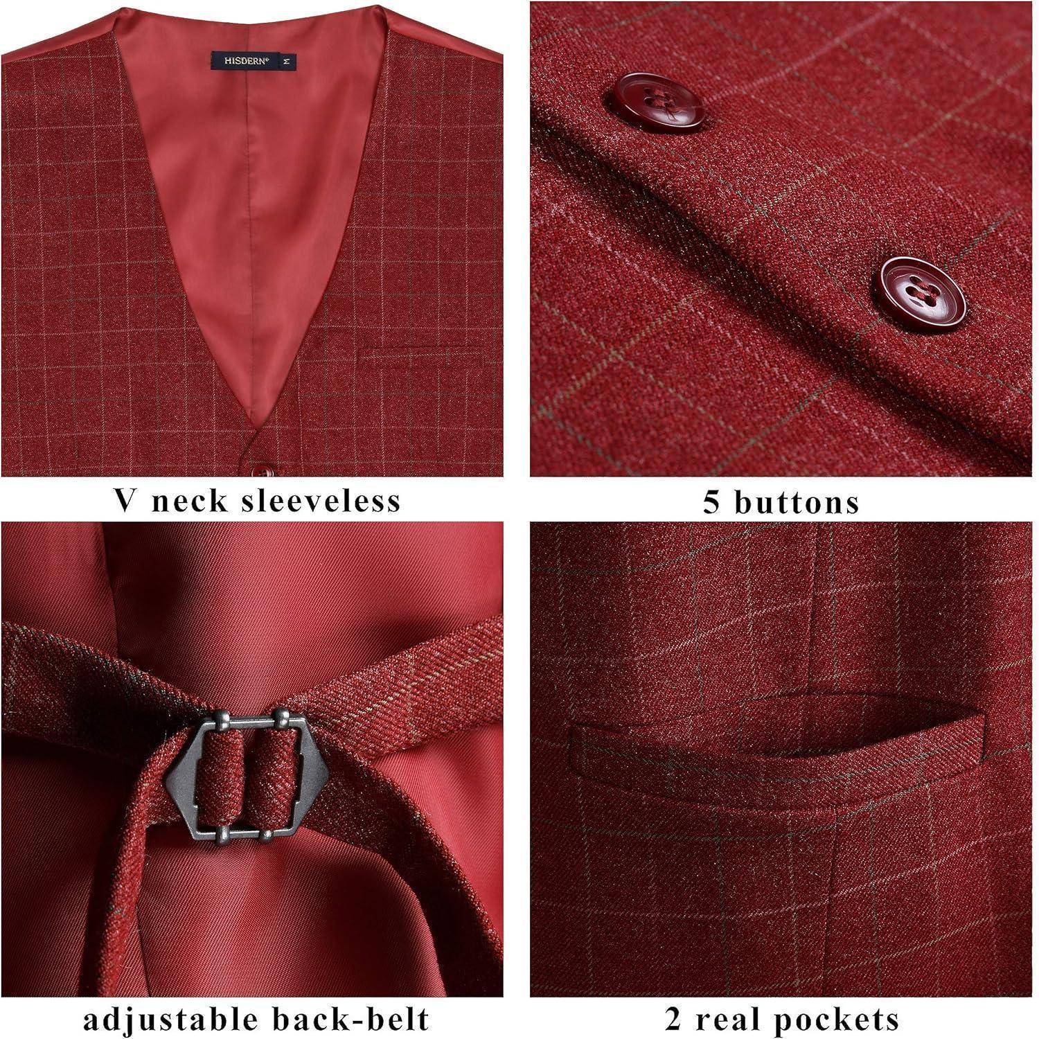 Weste Herren Baumwolle Plaid Anzug Kleid Hochzeitsfeier Burgund XXL