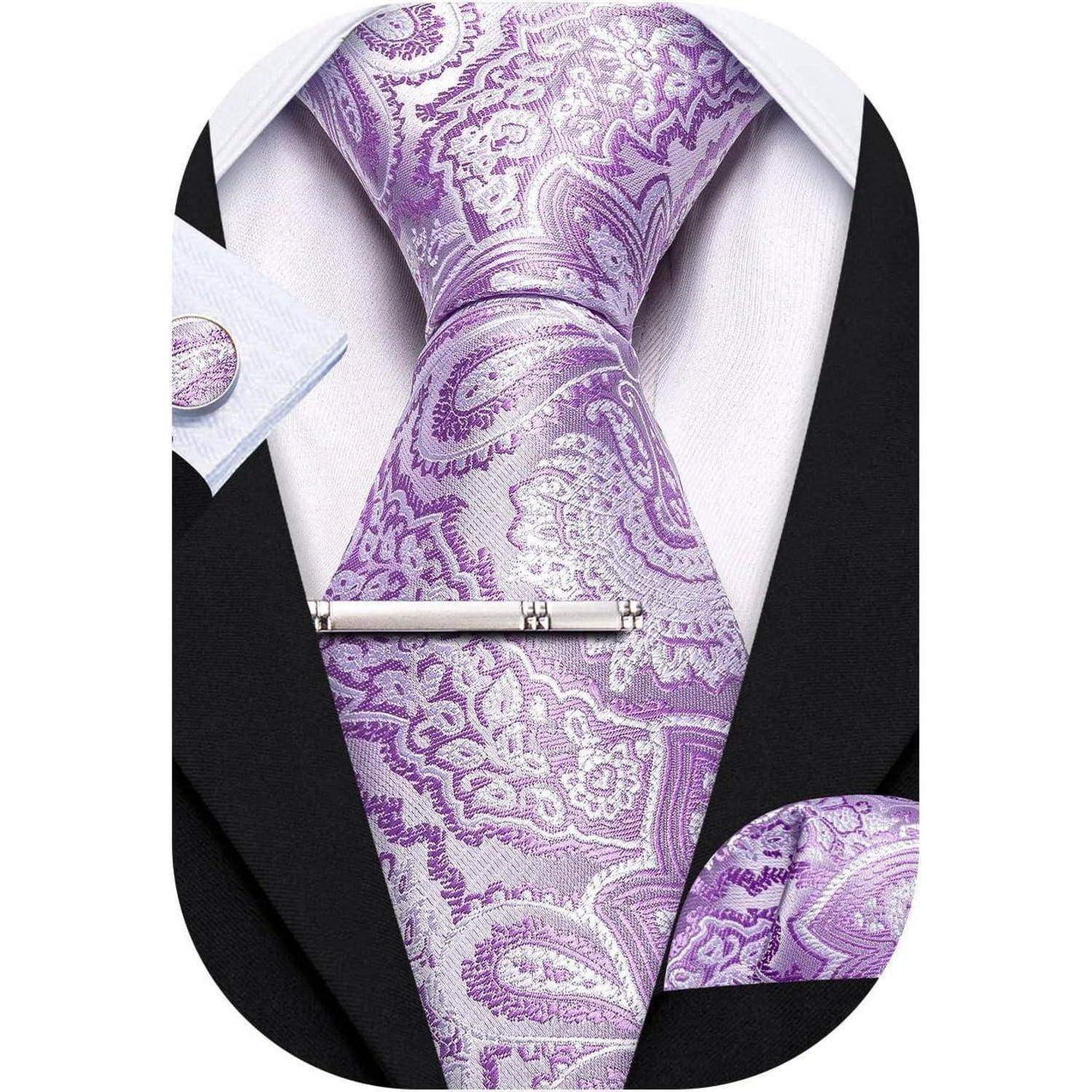 Krawatte Herren Seide Set Paisley Einstecktuch Hochzeit Flieder