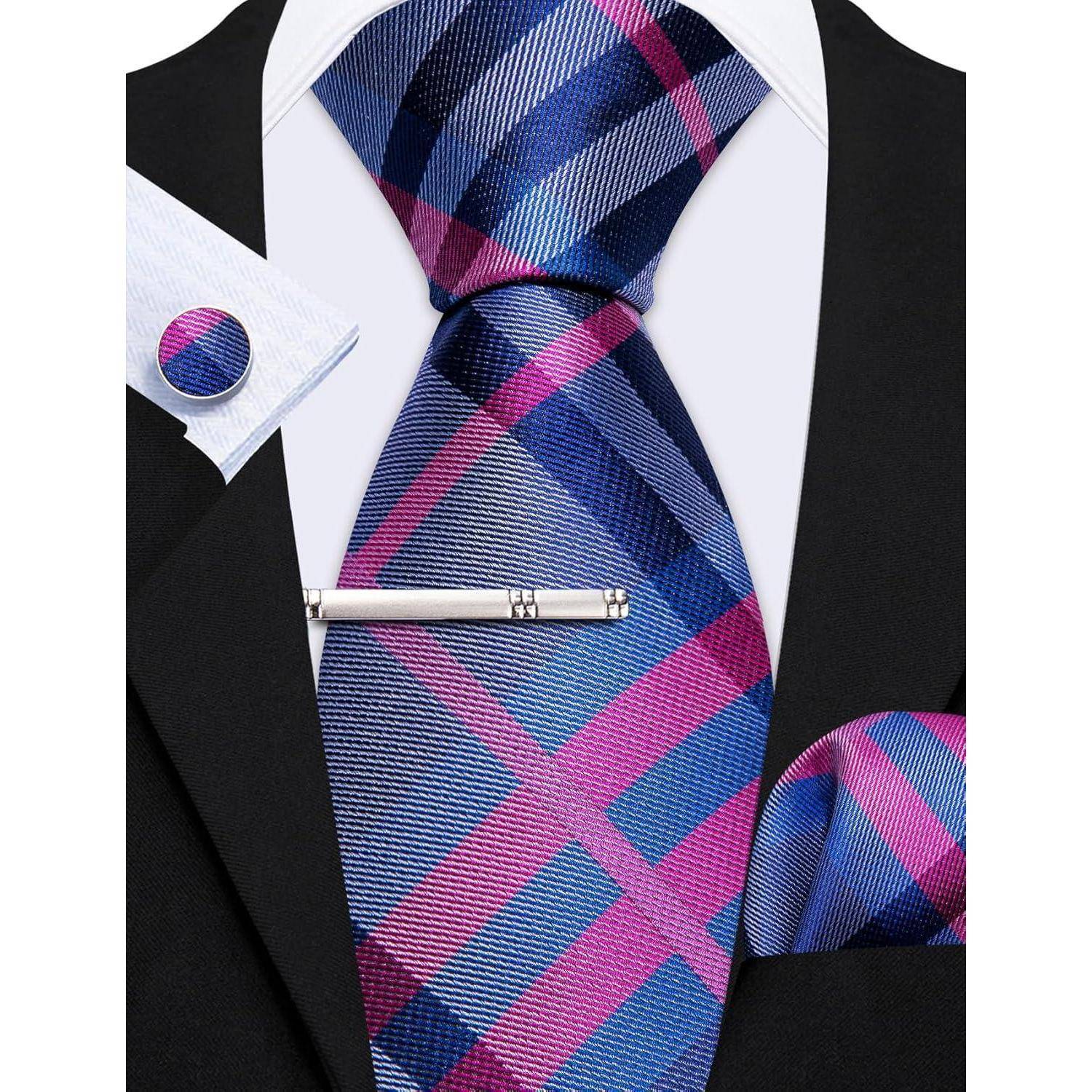 Krawatte Seide Set Einstecktuch Manschettenknöpfe Rosa Blau Grau