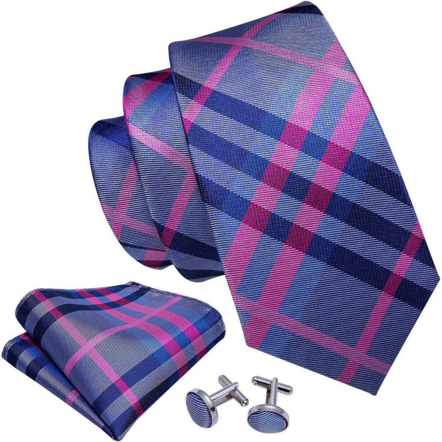 Krawatte Seide Set Einstecktuch Manschettenknöpfe Rosa Blau Grau