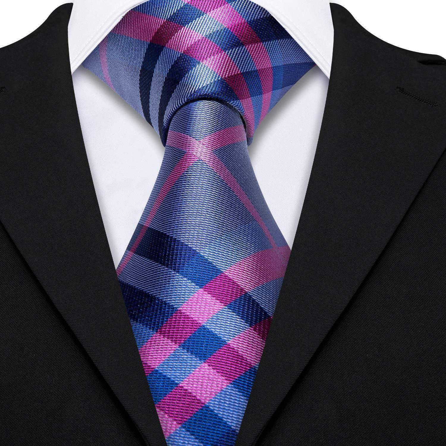 Krawatte Seide Set Einstecktuch Manschettenknöpfe Rosa Blau Grau