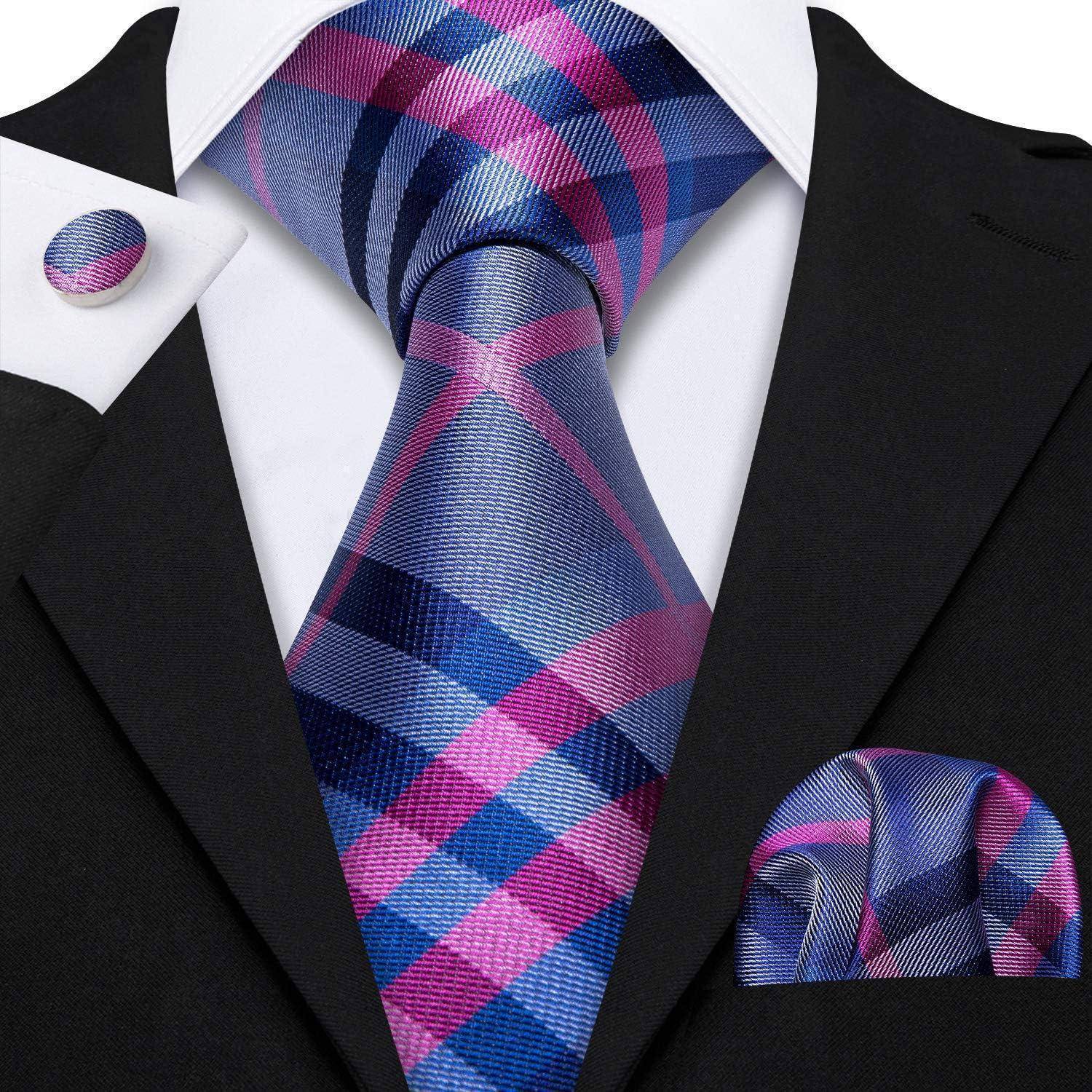 Krawatte Seide Set Einstecktuch Manschettenknöpfe Rosa Blau Grau