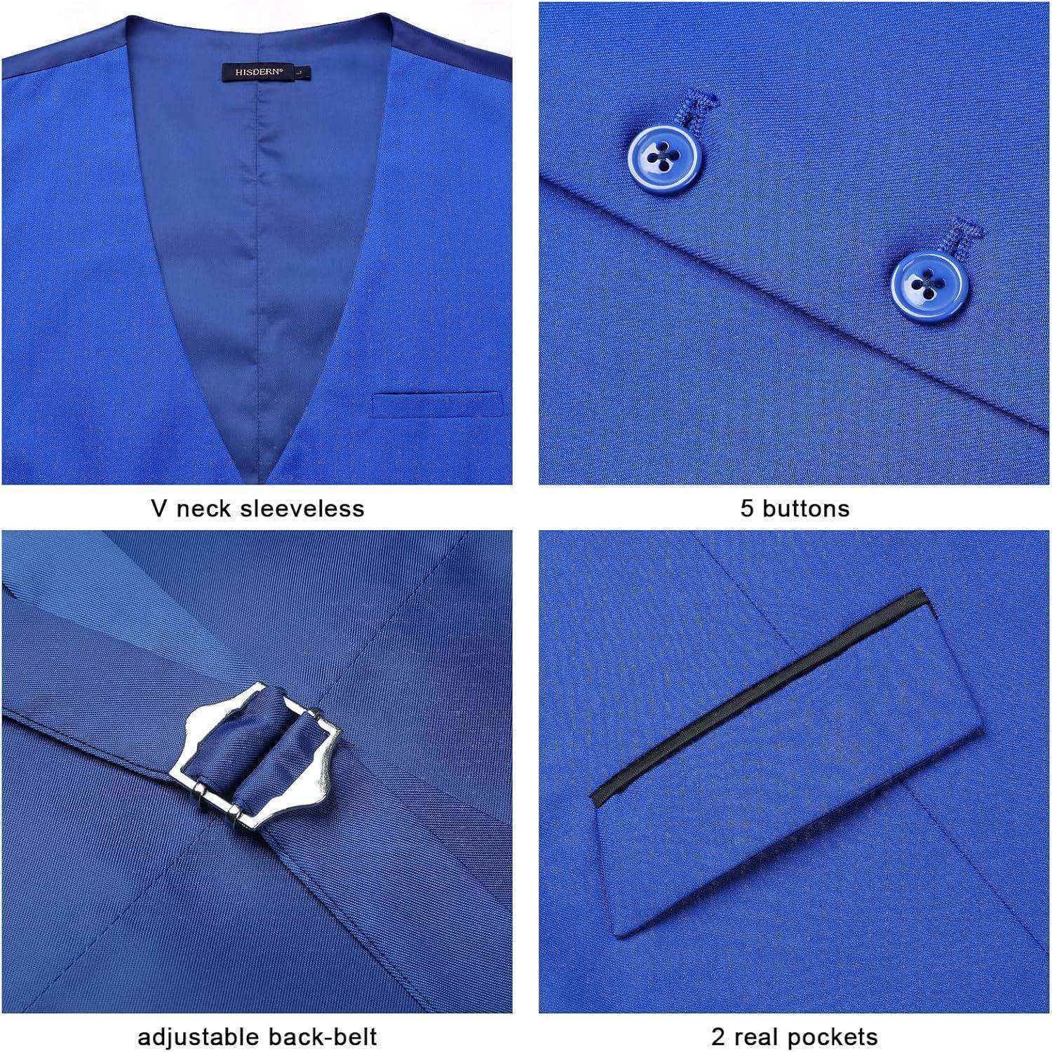 Blaue ärmelloses Weste mit V-Ausschnitt, 5 Knöpfen, verstellbarem Rückengürtel, 2 echten Taschen.