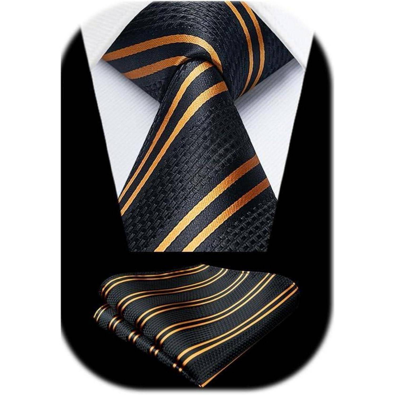 Krawatte Herren Einstecktuch Check Streifen Hochzeit A1-Gold & Schwarz