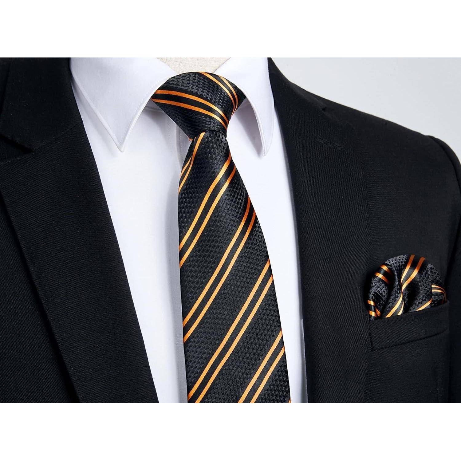 Krawatte Herren Einstecktuch Check Streifen Hochzeit A1-Gold & Schwarz